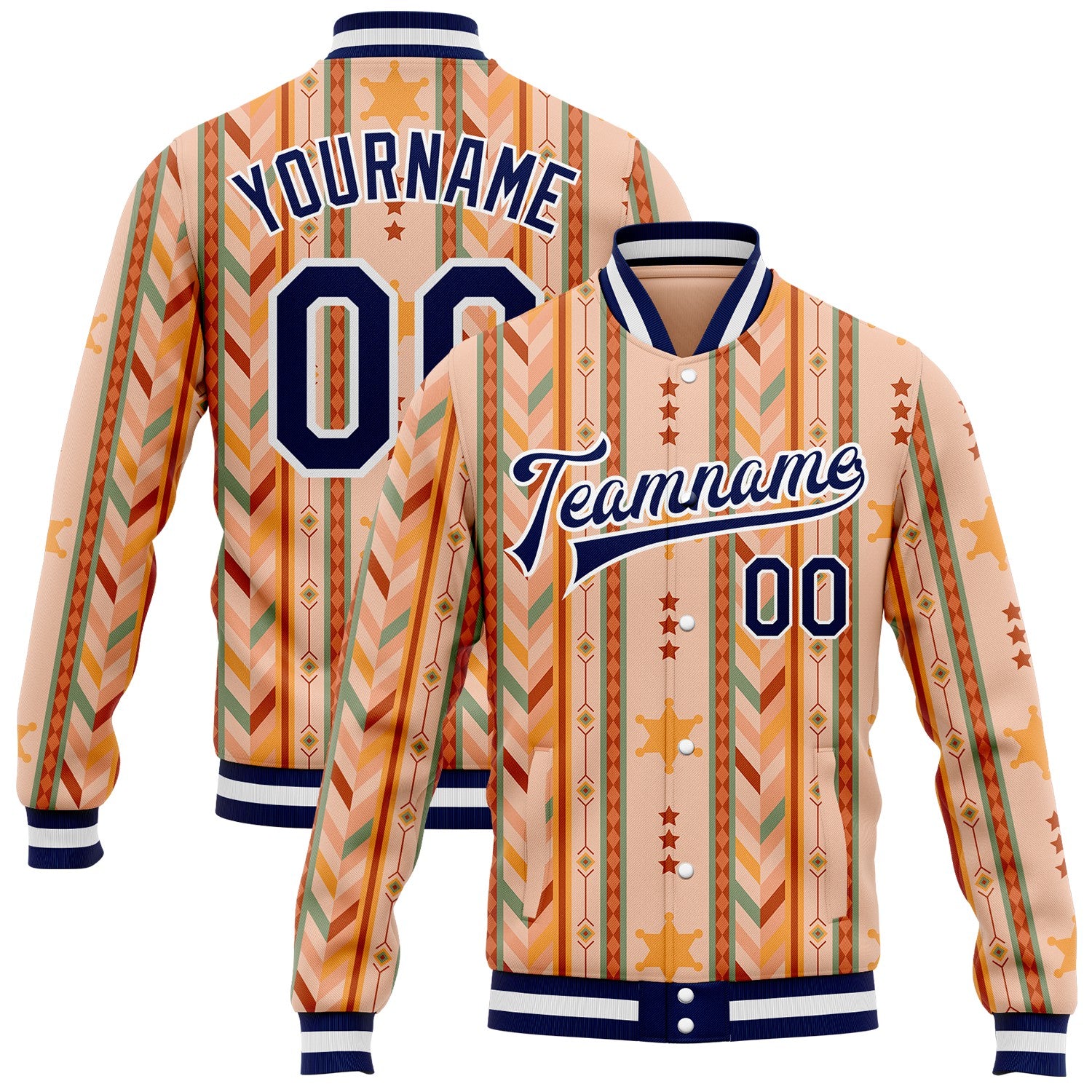 FansIdea Custom Red Navy Yellow-White Southwestern Geometric Aztec Bomber Full-Snap Varsity Letterman Jacket - $38.99 at Proof Eyewear