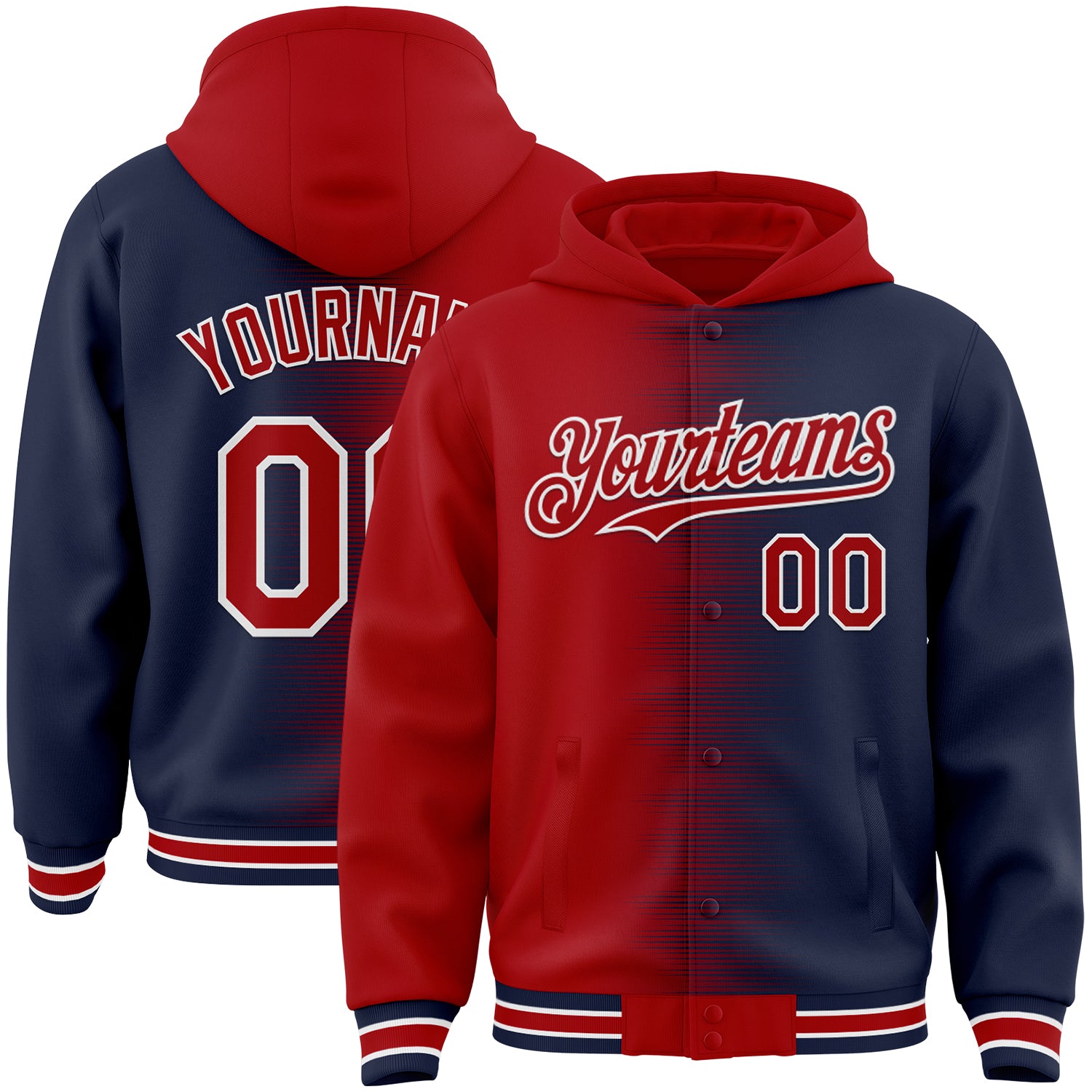 FansIdea Custom Red Navy-White Gradient Line Bomber Full-Snap Varsity Letterman Hoodie Jacket - $38.99 at Proof Eyewear