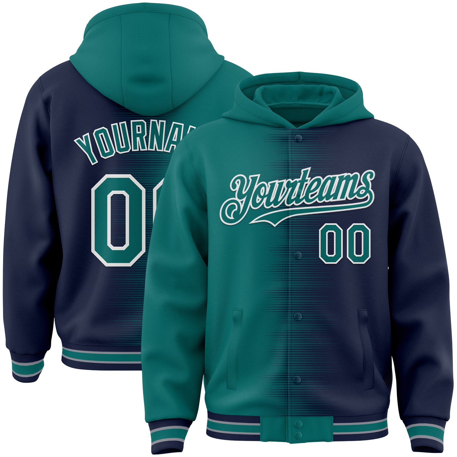 FansIdea Custom Teal Navy-White Gradient Line Bomber Full-Snap Varsity Letterman Hoodie Jacket - $38.99 at Proof Eyewear
