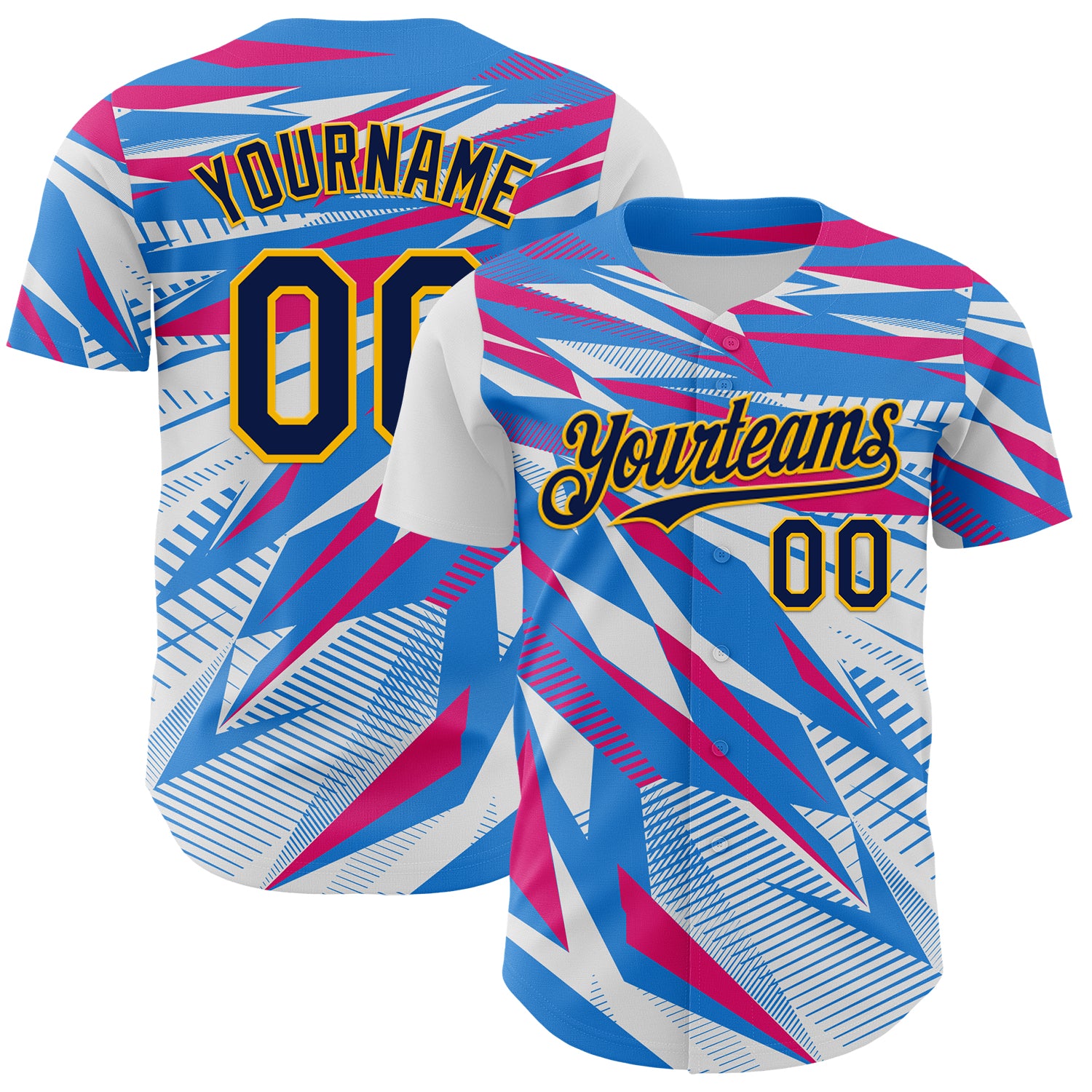 FansIdea Custom White Navy Blue Hot Pink-Gold Geometric Patchwork Asymmetry Authentic Baseball Jersey - $29.99 at Proof Eyewear