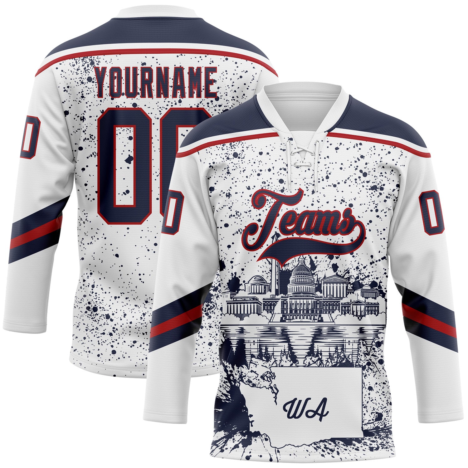 FansIdea Custom White Navy-Red Washington DC WA City Skyline State Pride Paint Splatter Lace Neck Hockey Jersey - $29.99 at Proof Eyewear