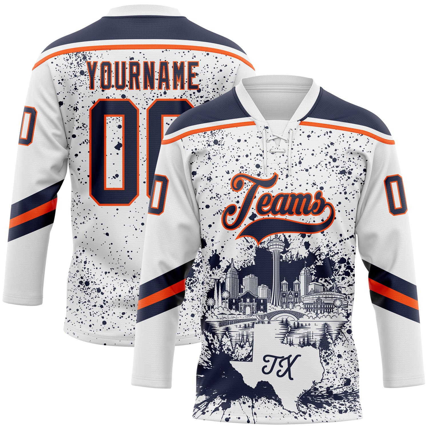 FansIdea Custom White Navy-Orange San Antonio TX City Skyline State Pride Paint Splatter Lace Neck Hockey Jersey - $29.99 at Proof Eyewear