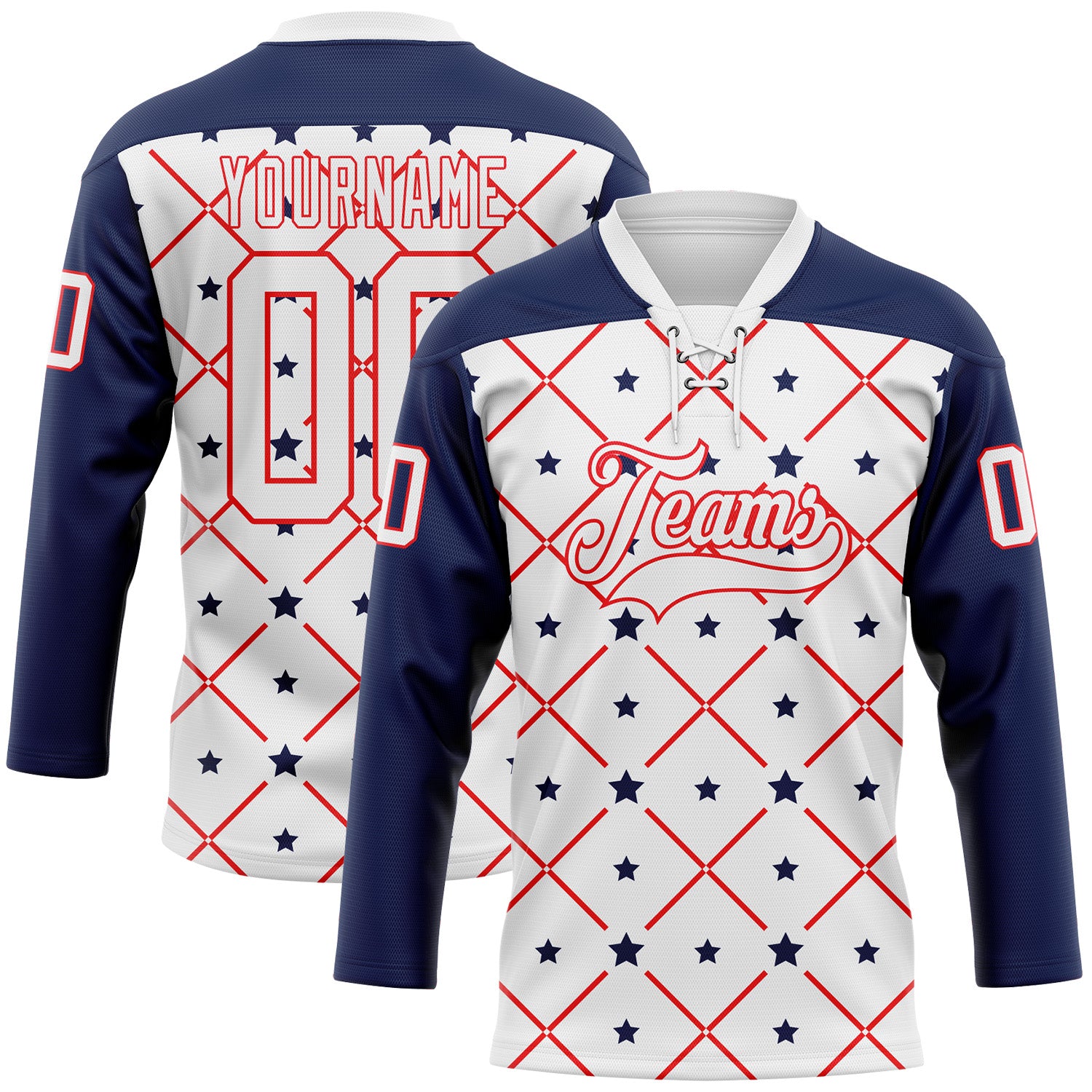 FansIdea Custom White Navy-Fire Red American Flag Hockey Lace Neck Jersey - $29.99 at Proof Eyewear