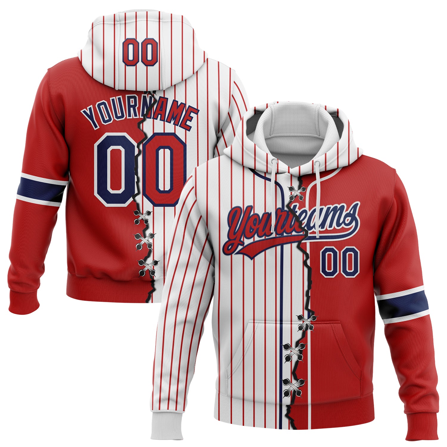 FansIdea Custom White Red Pinstripe-Navy Split Ripped Pattern Baseball Pullover Sweatshirt Hoodie - $32.99 at Proof Eyewear