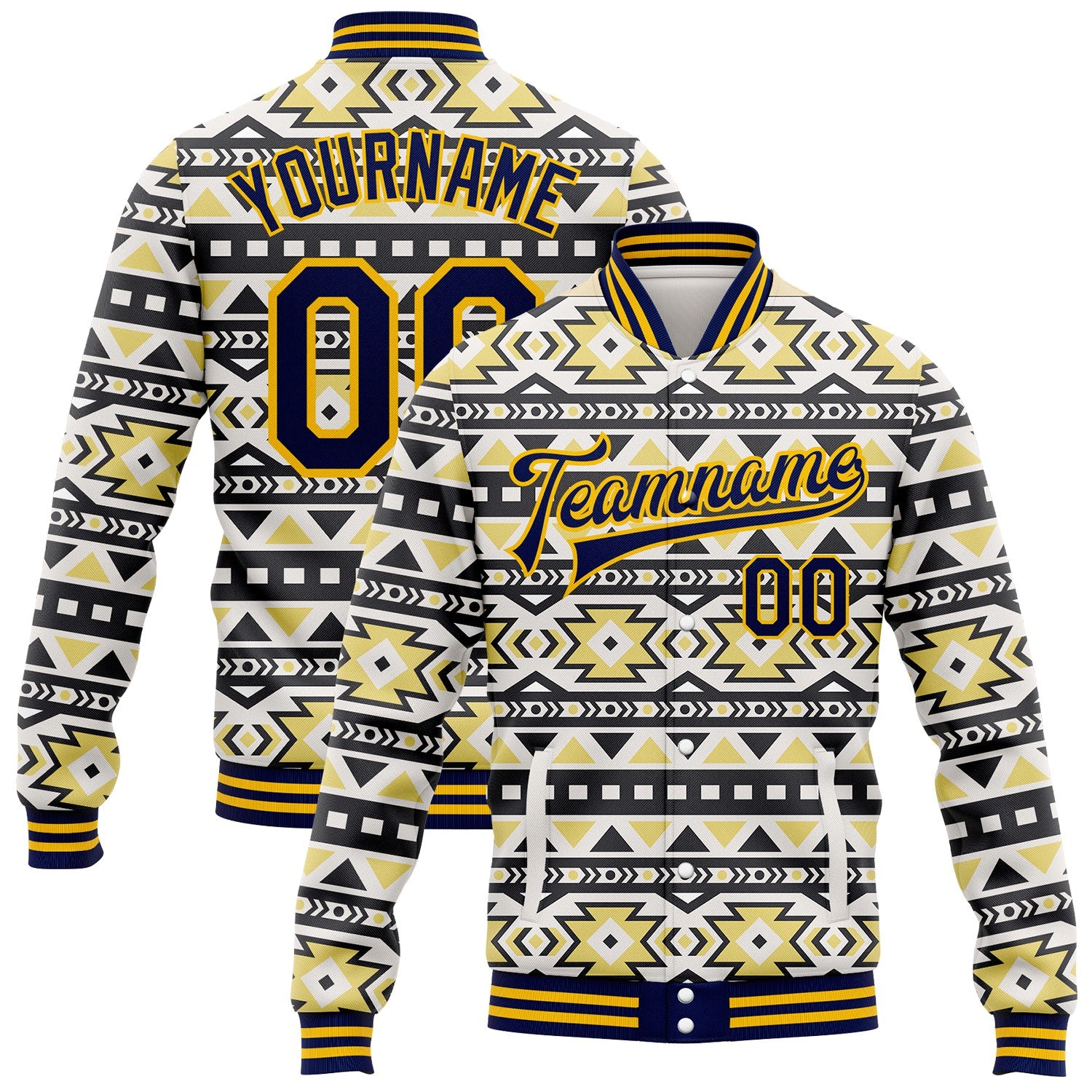 FansIdea Custom White Navy-Gold Southwestern Geometric Aztec Bomber Full-Snap Varsity Letterman Jacket - $38.99 at Proof Eyewear