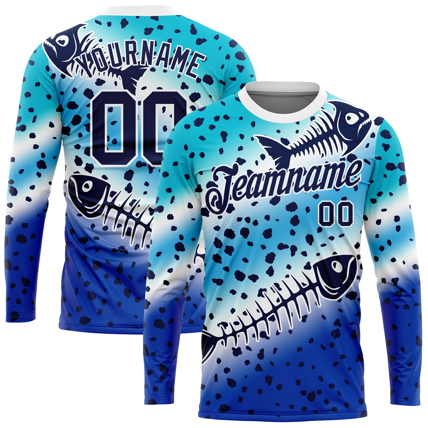 FansIdea Custom Lakes Blue Navy Thunder Blue-White Fishing Fish Bone Gradient Long Sleeve Performance T-Shirt - $16.99 at Proof Eyewear