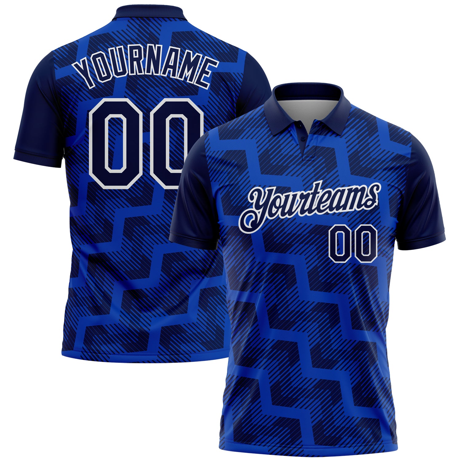 FansIdea Custom Navy Thunder Blue-White Geometric Block Diagonal Line Hatching Performance Polo Shirt - $19.99 at Proof Eyewear
