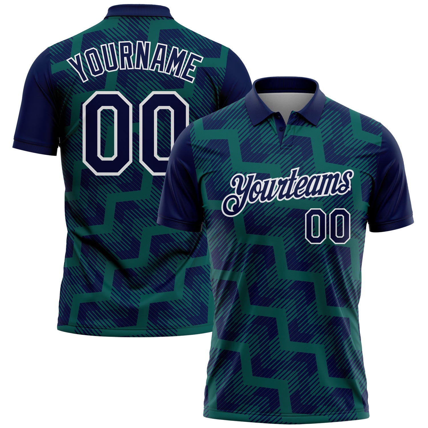 FansIdea Custom Navy Midnight Green-White Geometric Block Diagonal Line Hatching Performance Polo Shirt - $19.99 at Proof Eyewear