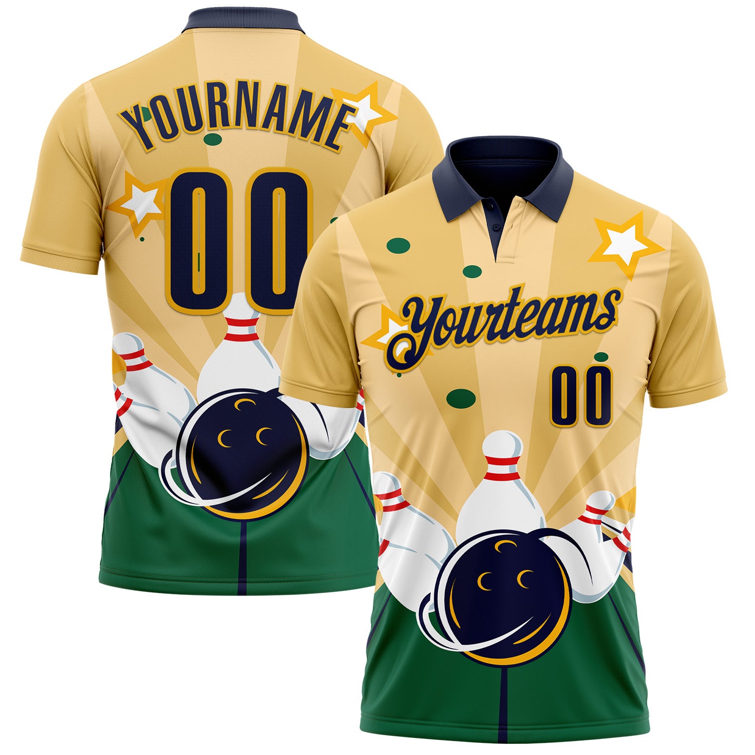 FansIdea Custom Yellow Navy Green-Gold Bowling Ball And Pins Strike Performance Polo Shirt - $19.99 at Proof Eyewear