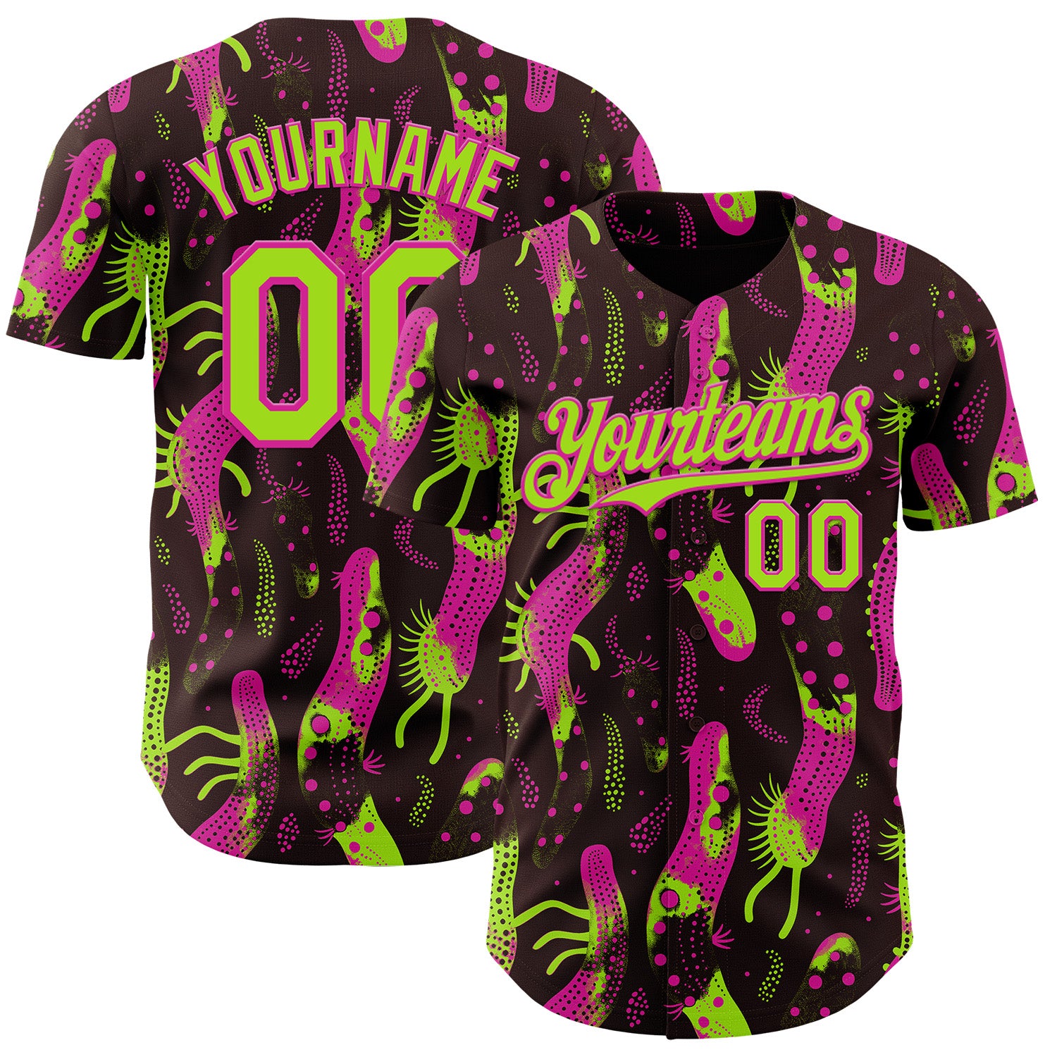 FansIdea Custom Brown Neon Green-Deep Pink Psychedelic Trippy Sea Life Authentic Baseball Jersey - $29.99 at Proof Eyewear