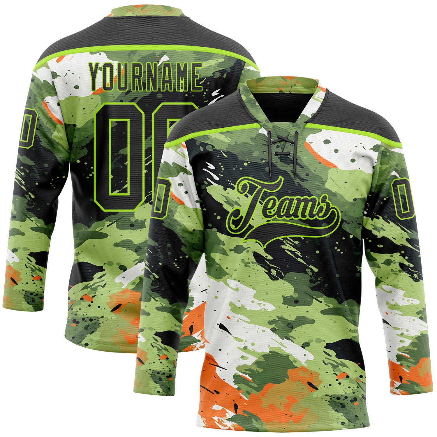 FansIdea Custom Camo Black-Neon Green 3D Camouflage Hockey Lace Neck Jersey - $29.99 at Proof Eyewear
