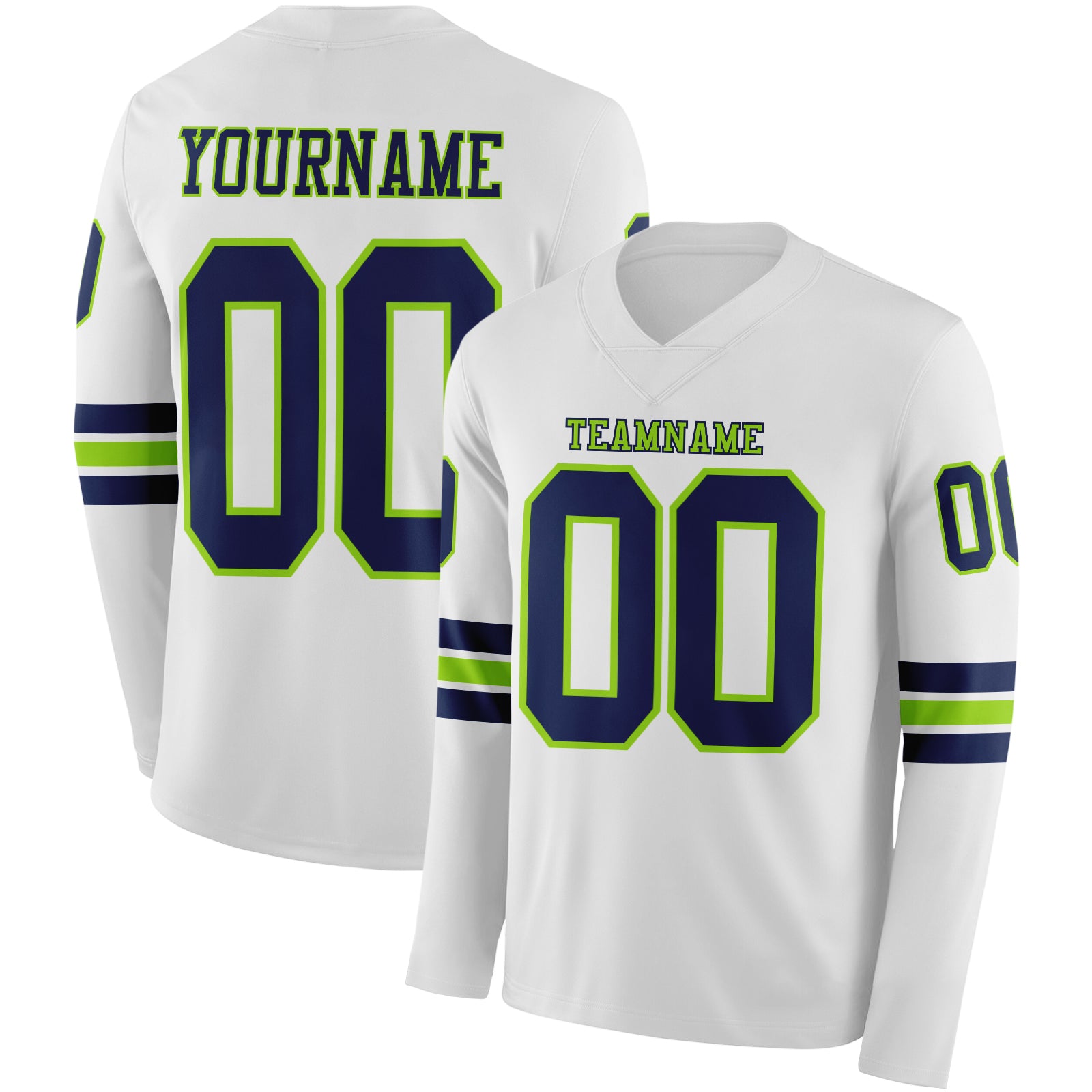 FansIdea Custom White Navy-Neon Green Long Sleeve Authentic Football Jersey - $24.99 at Proof Eyewear