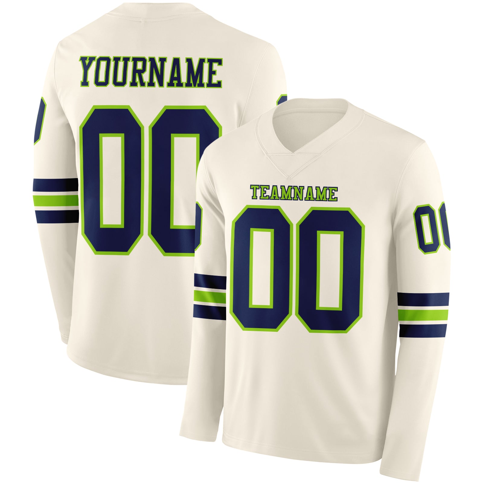 FansIdea Custom Cream Navy-Neon Green Long Sleeve Authentic Football Jersey - $24.99 at Proof Eyewear