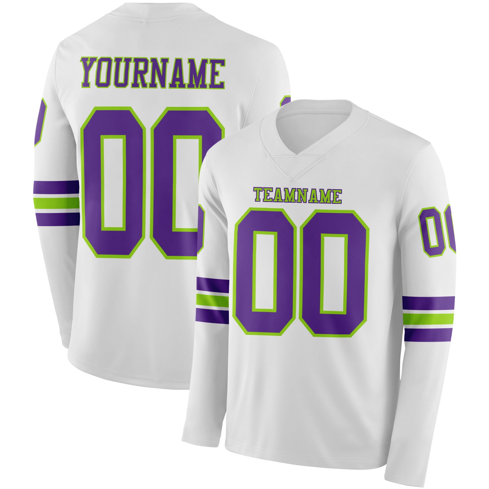 FansIdea Custom White Purple-Neon Green Long Sleeve Authentic Football Jersey - $24.99 at Proof Eyewear