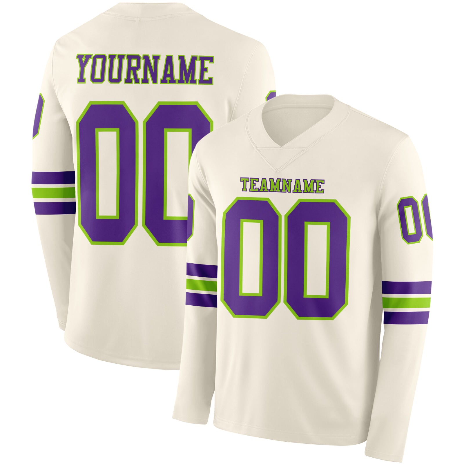 FansIdea Custom Cream Purple-Neon Green Long Sleeve Authentic Football Jersey - $24.99 at Proof Eyewear