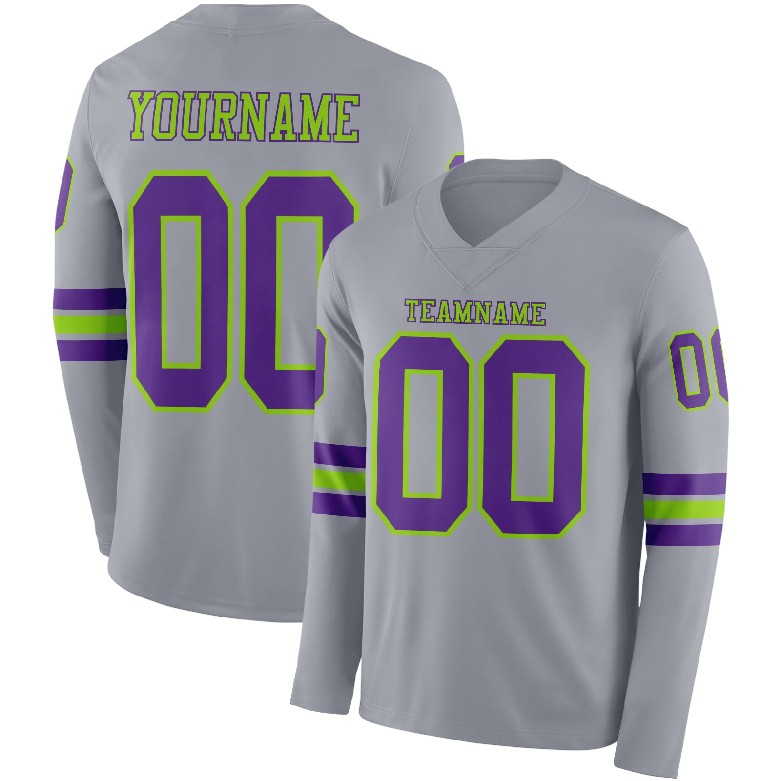 FansIdea Custom Gray Purple-Neon Green Long Sleeve Authentic Football Jersey - $24.99 at Proof Eyewear