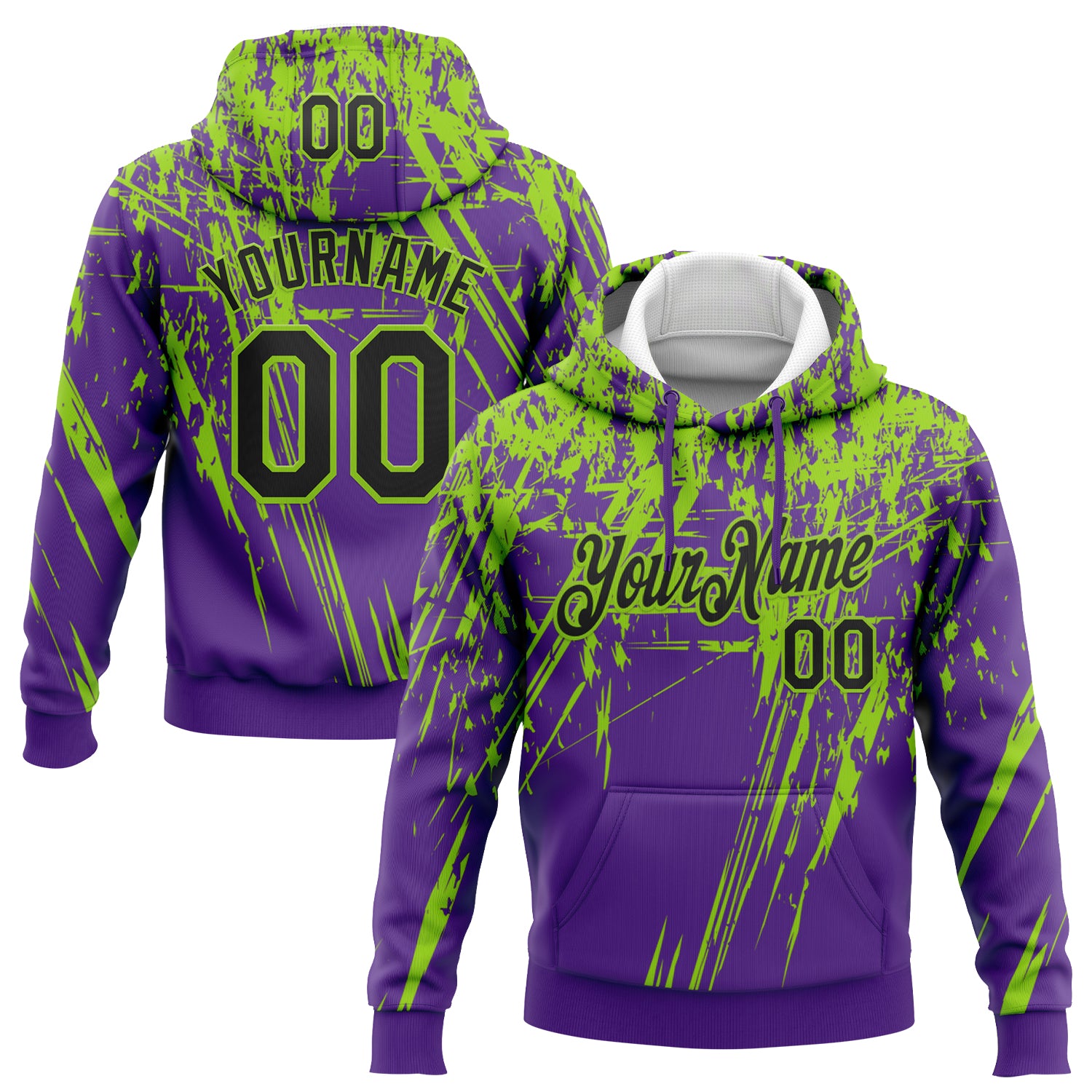 FansIdea Custom Stitched Purple Black-Neon Green 3D Pattern Design Splash Grunge Art Sports Pullover Sweatshirt Hoodie - $32.99 at Proof Eyewear