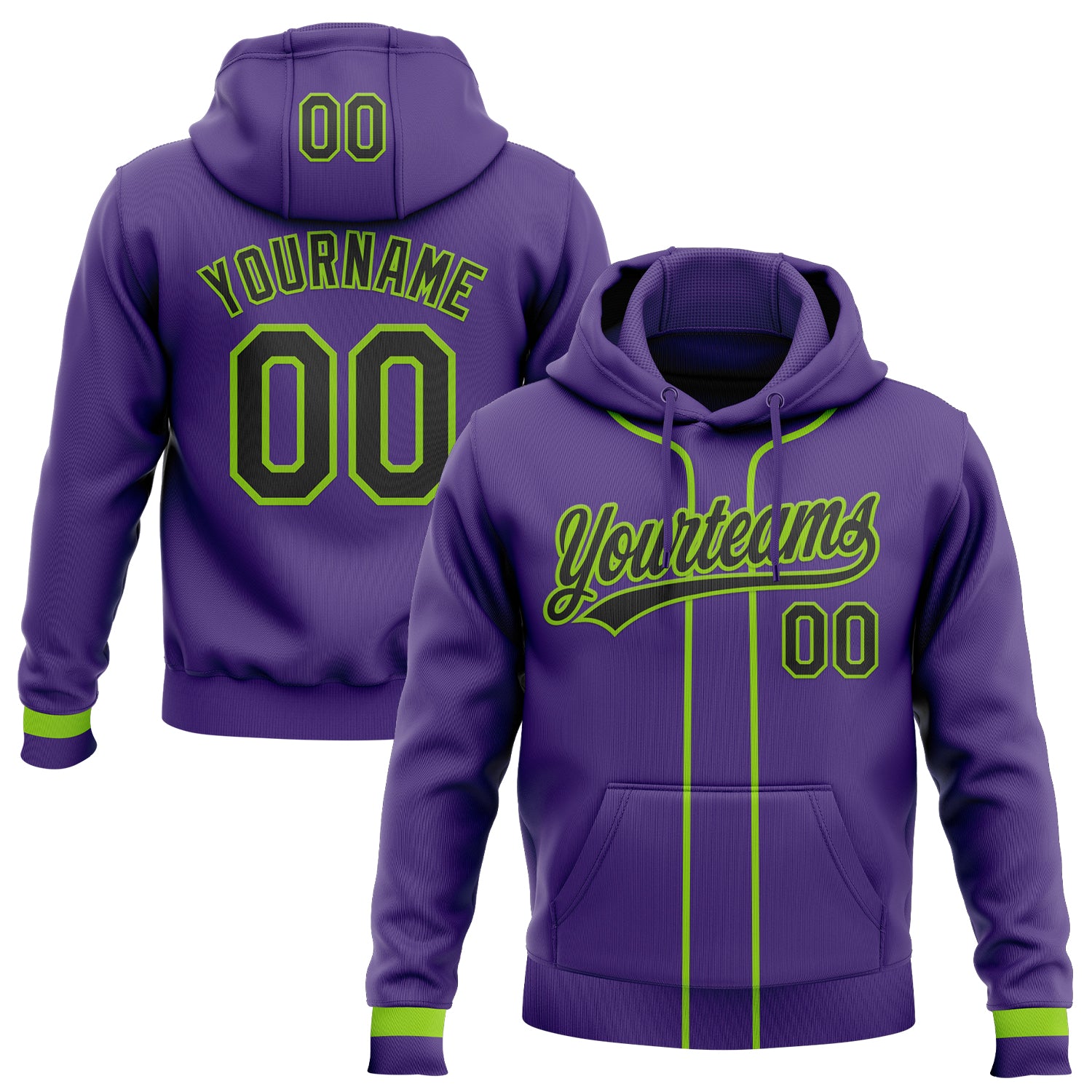 FansIdea Custom Stitched Purple Black-Neon Green Baseball Pullover Sweatshirt Hoodie - $29.99 at Proof Eyewear