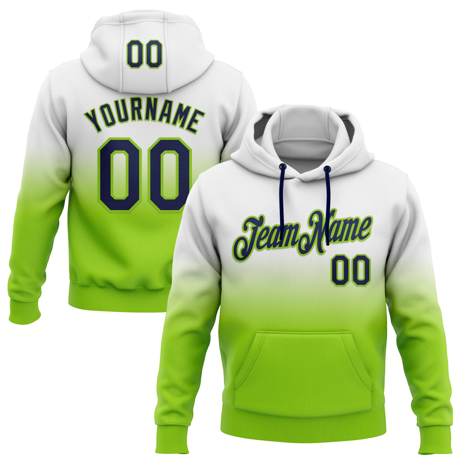 FansIdea Custom Stitched White Navy-Neon Green Fade Fashion Sports Pullover Sweatshirt Hoodie - $29.99 at Proof Eyewear