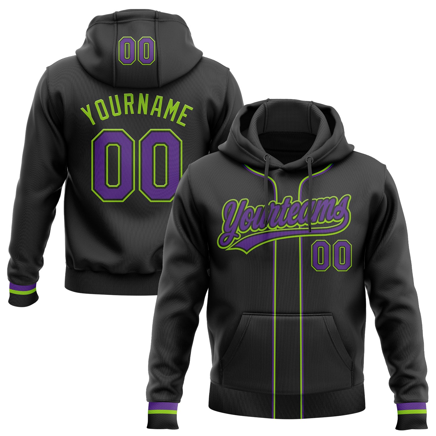 FansIdea Custom Stitched Black Purple-Neon Green Baseball Pullover Sweatshirt Hoodie - $29.99 at Proof Eyewear