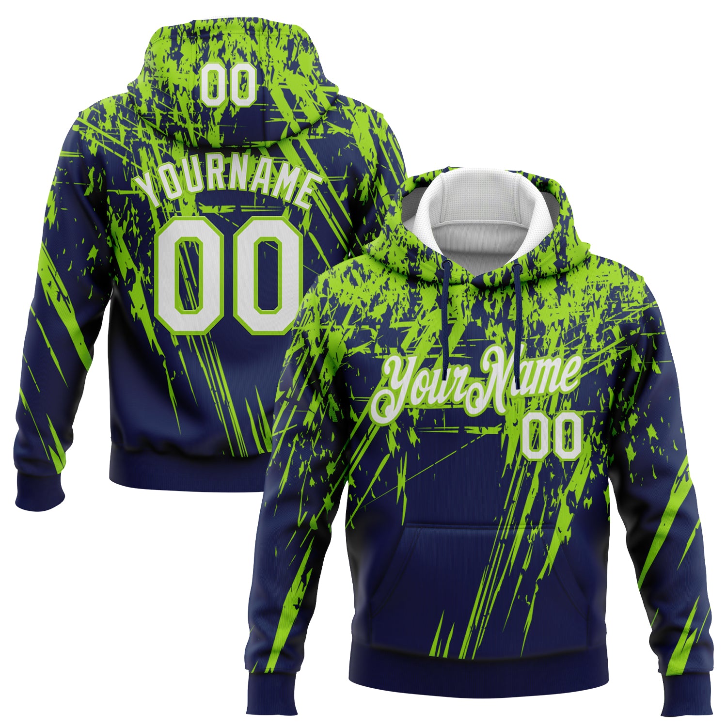 FansIdea Custom Stitched Navy White-Neon Green 3D Pattern Design Splash Grunge Art Sports Pullover Sweatshirt Hoodie - $32.99 at Proof Eyewear