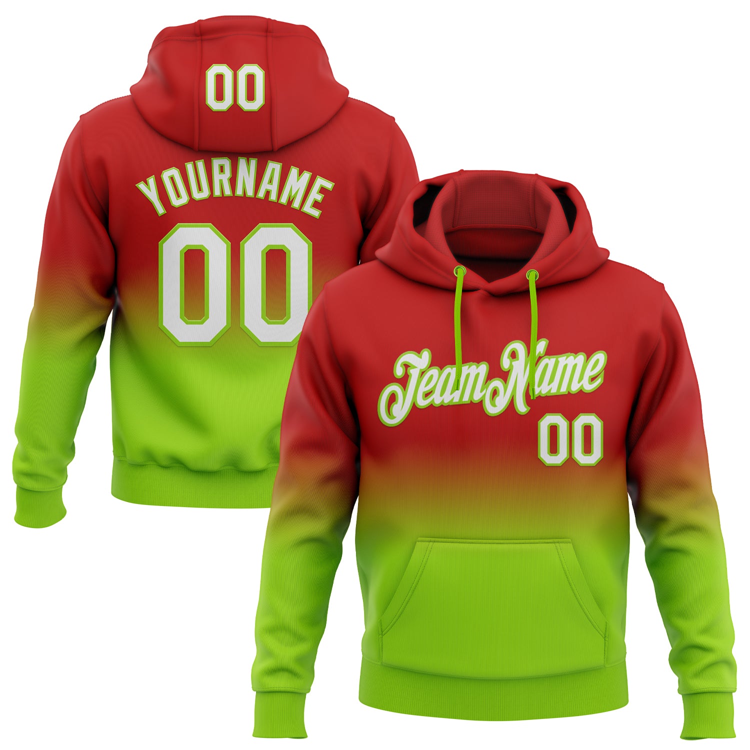 FansIdea Custom Stitched Red White-Neon Green Fade Fashion Sports Pullover Sweatshirt Hoodie - $29.99 at Proof Eyewear