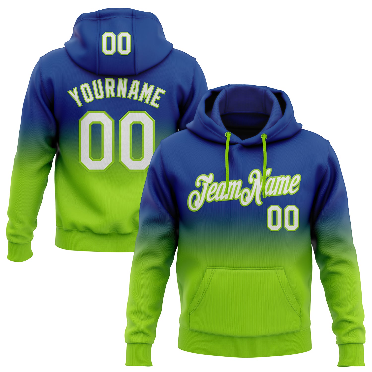 FansIdea Custom Stitched Royal White-Neon Green Fade Fashion Sports Pullover Sweatshirt Hoodie - $29.99 at Proof Eyewear