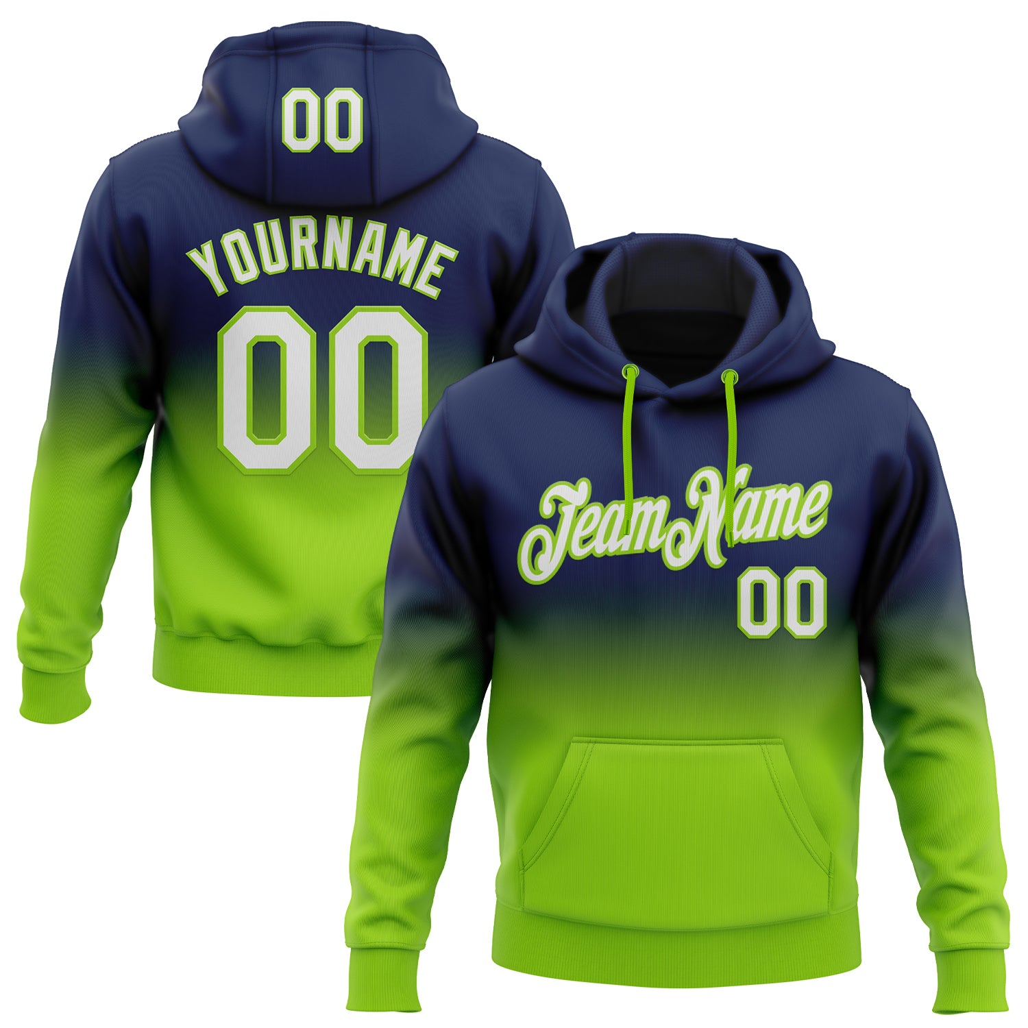 FansIdea Custom Stitched Navy White-Neon Green Fade Fashion Sports Pullover Sweatshirt Hoodie - $29.99 at Proof Eyewear