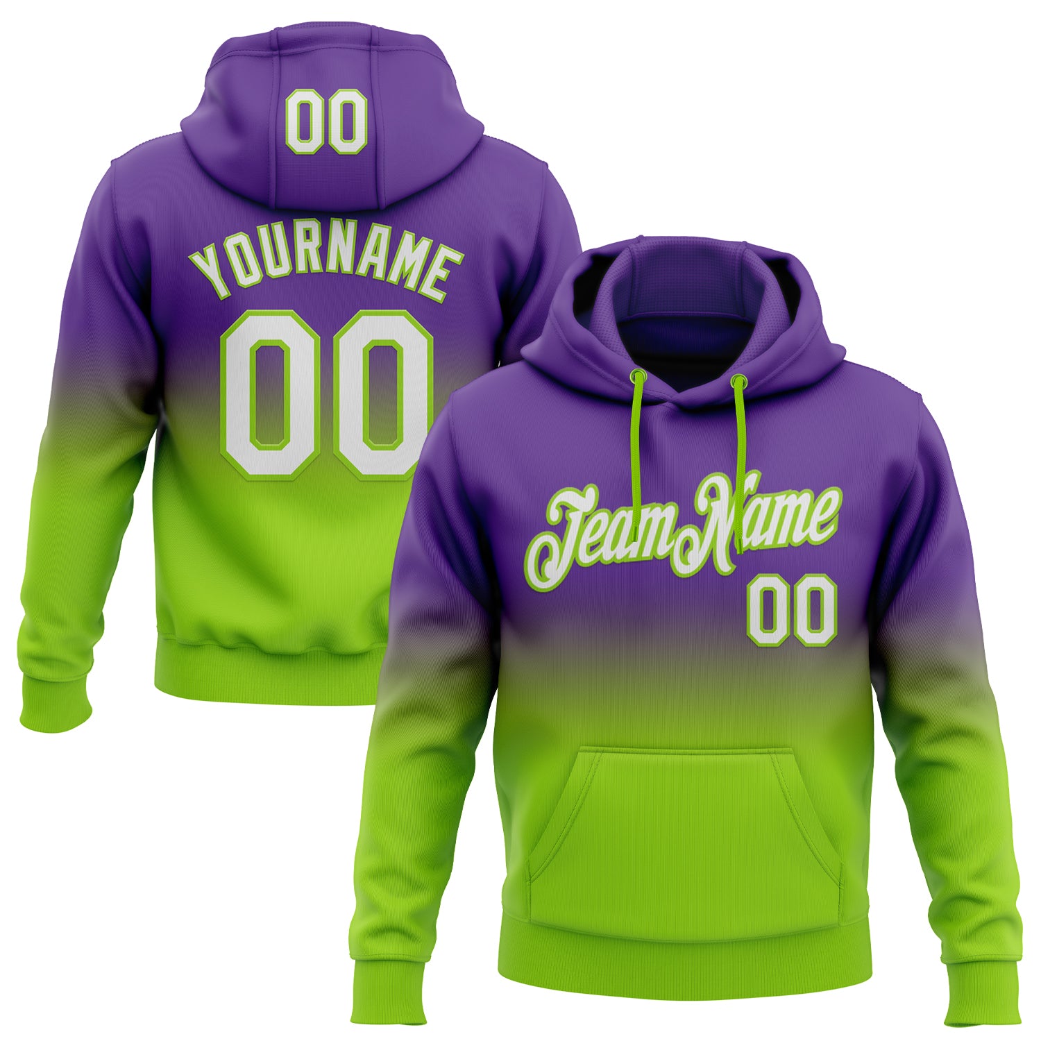 FansIdea Custom Stitched Purple White-Neon Green Fade Fashion Sports Pullover Sweatshirt Hoodie - $29.99 at Proof Eyewear