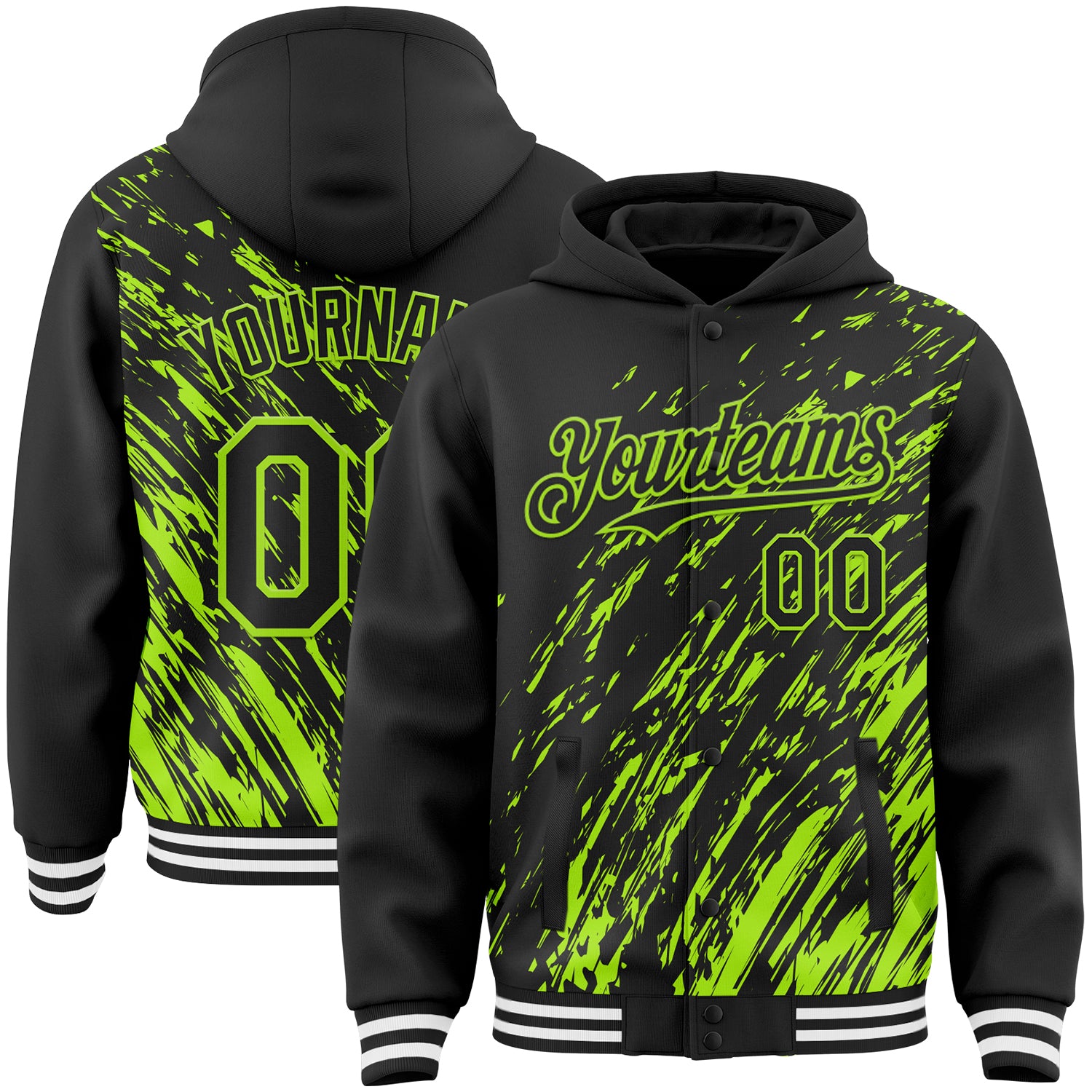 FansIdea Custom Black Black-Neon Green 3D Pattern Design Bomber Full-Snap Varsity Letterman Hoodie Jacket - $38.99 at Proof Eyewear