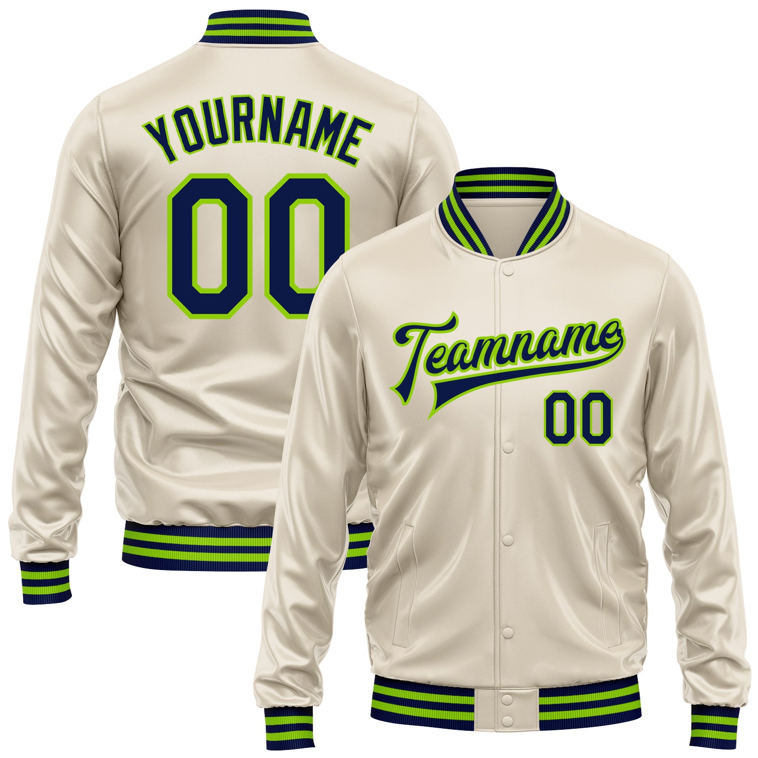 FansIdea Custom Cream Navy-Neon Green Bomber Full-Snap Varsity Faux Leather Letterman Jacket - $38.99 at Proof Eyewear