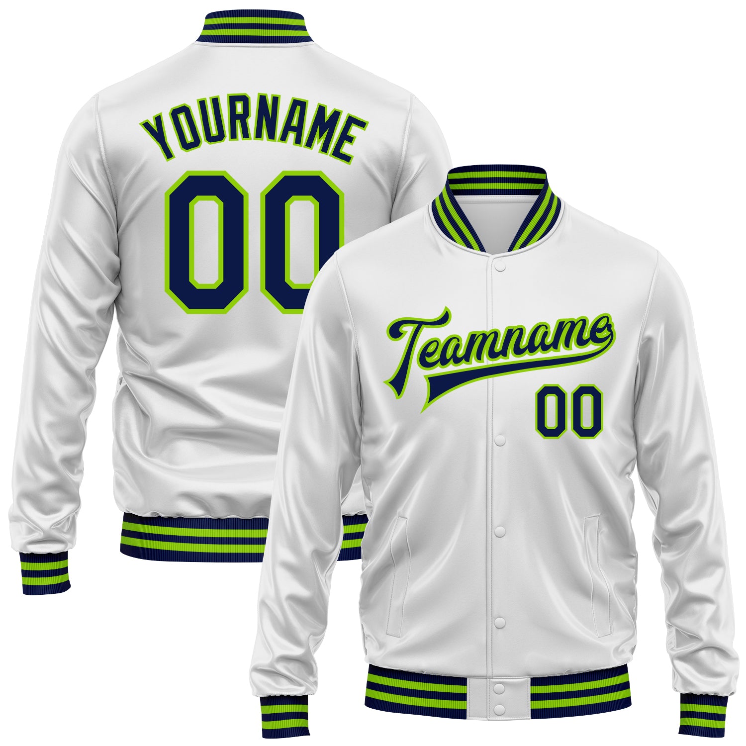 FansIdea Custom White Navy-Neon Green Bomber Full-Snap Varsity Faux Leather Letterman Jacket - $38.99 at Proof Eyewear