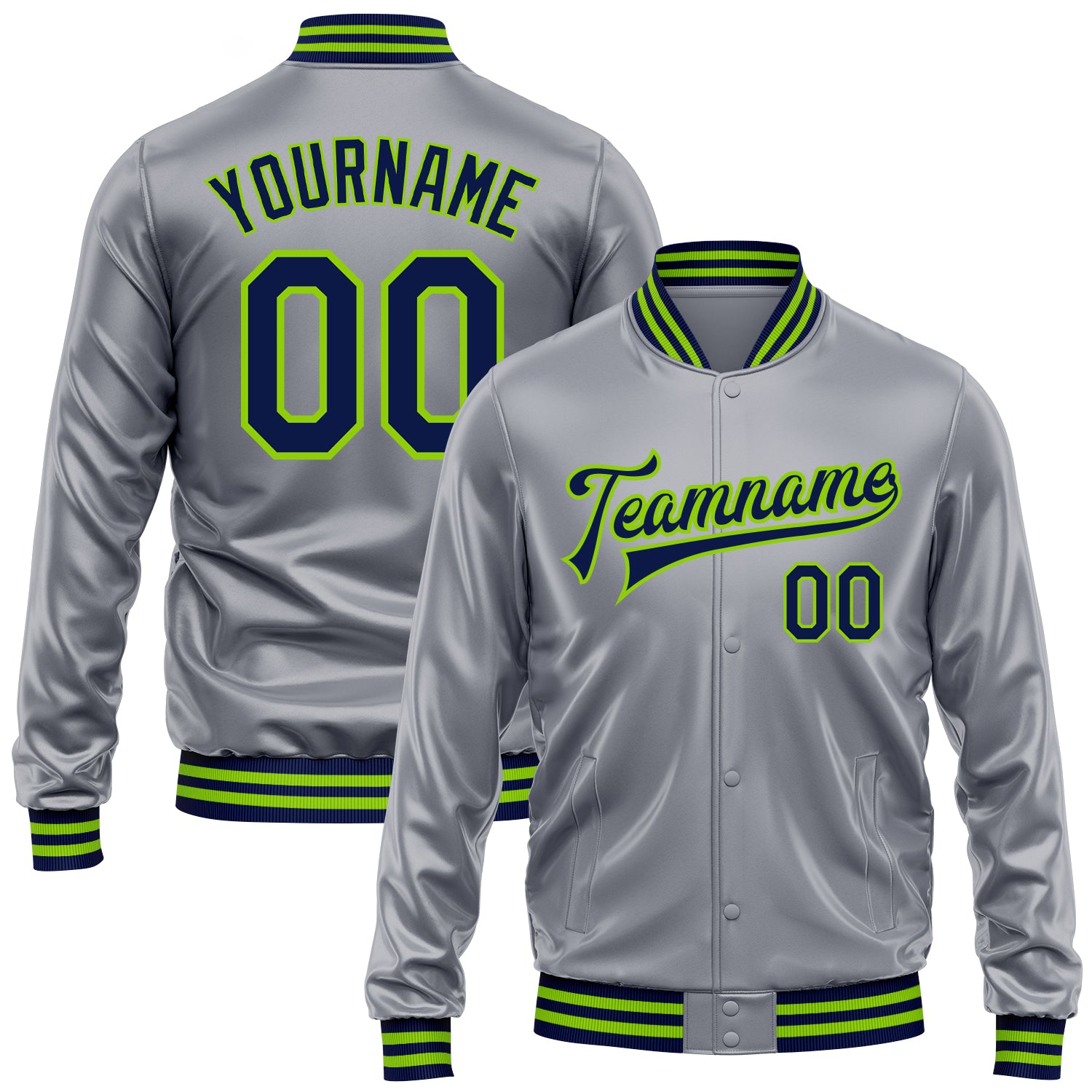 FansIdea Custom Gray Navy-Neon Green Bomber Full-Snap Varsity Faux Leather Letterman Jacket - $38.99 at Proof Eyewear