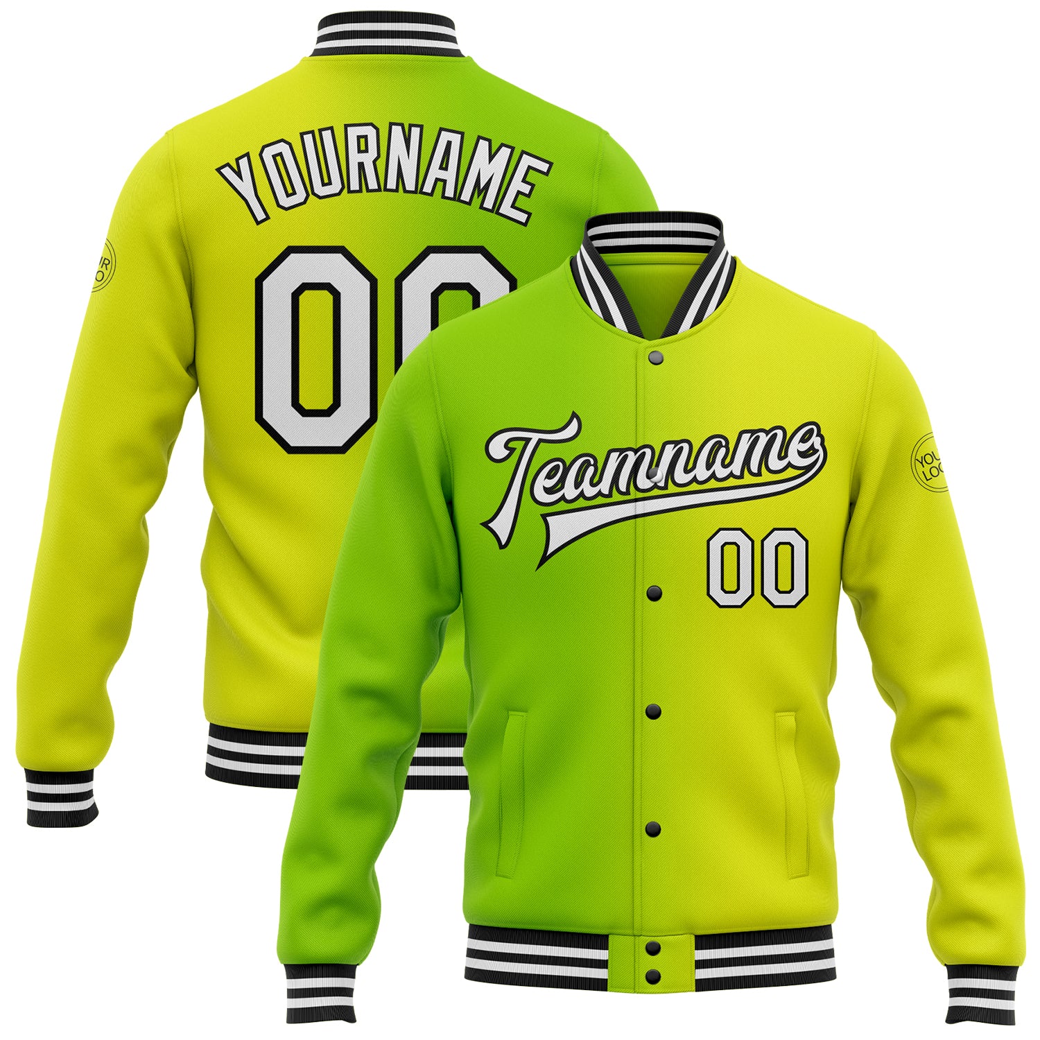 FansIdea Custom Neon Yellow White Neon Green-Black Bomber Full-Snap Varsity Letterman Gradient Fashion Jacket - $38.99 at Proof Eyewear