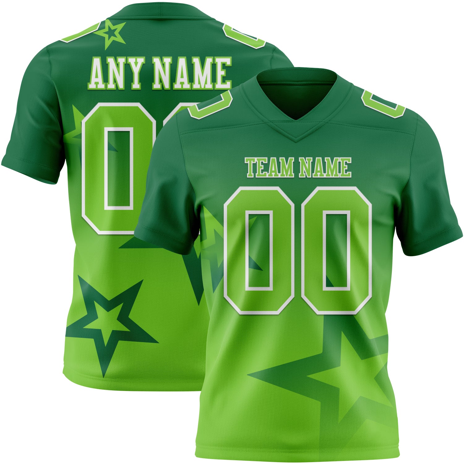 FansIdea Custom Kelly Green Neon Green-White Authentic Gradient Style Twinkle Star Football Jersey - $19.99 at Proof Eyewear