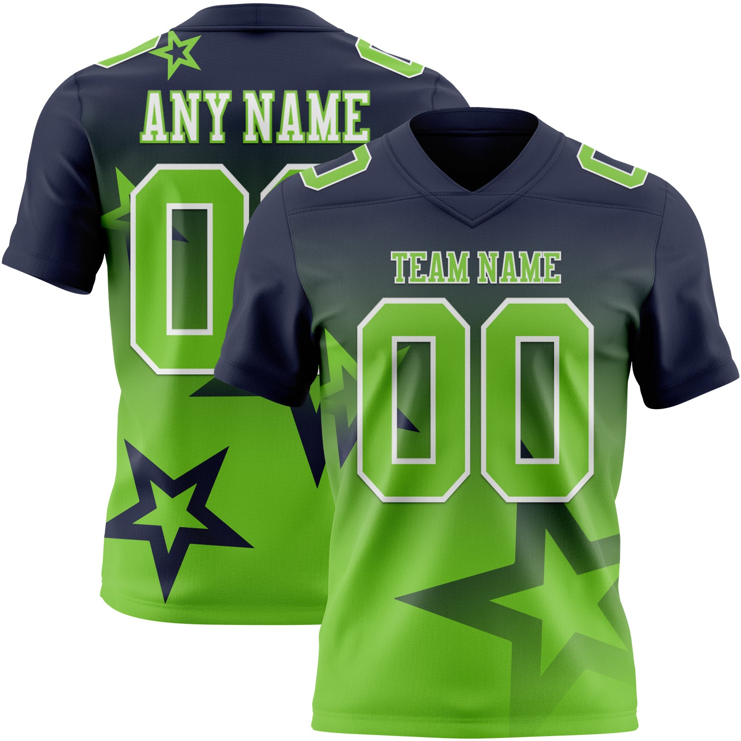 FansIdea Custom Navy Neon Green-White Authentic Gradient Style Twinkle Star Football Jersey - $19.99 at Proof Eyewear