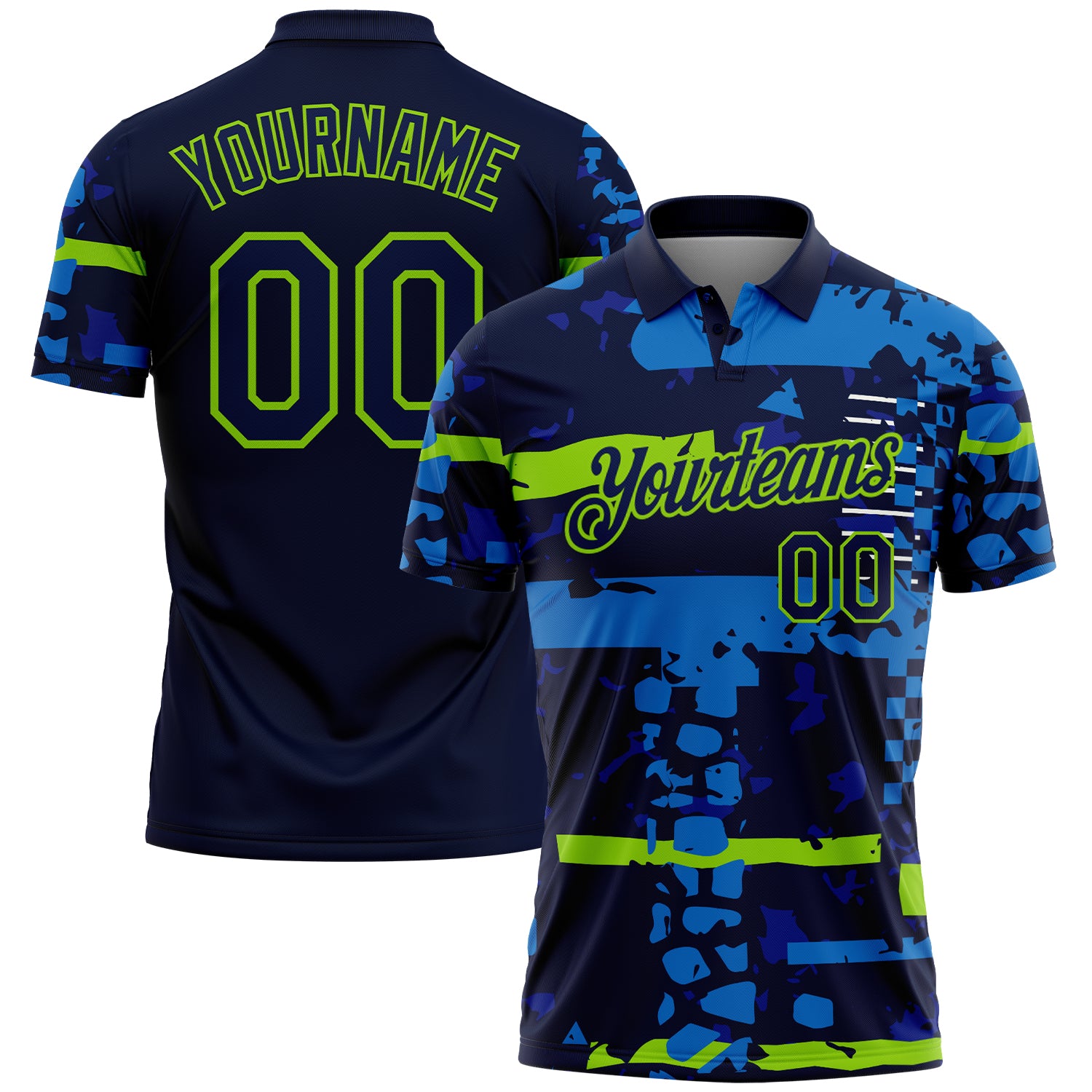 FansIdea Custom Navy-Neon Green Abstract Geometric Grunge Fragment Performance Polo Shirt - $19.99 at Proof Eyewear