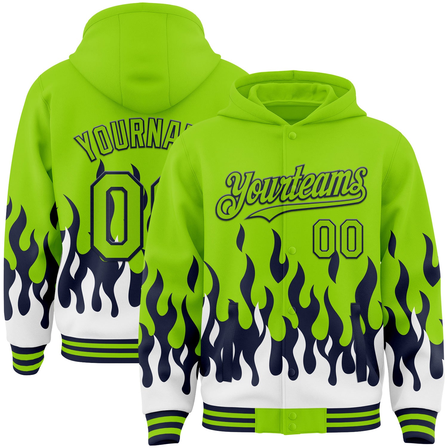 FansIdea Custom Neon Green Navy-White Fire Flame Bomber Full-Snap Varsity Letterman Hoodie Jacket - $38.99 at Proof Eyewear