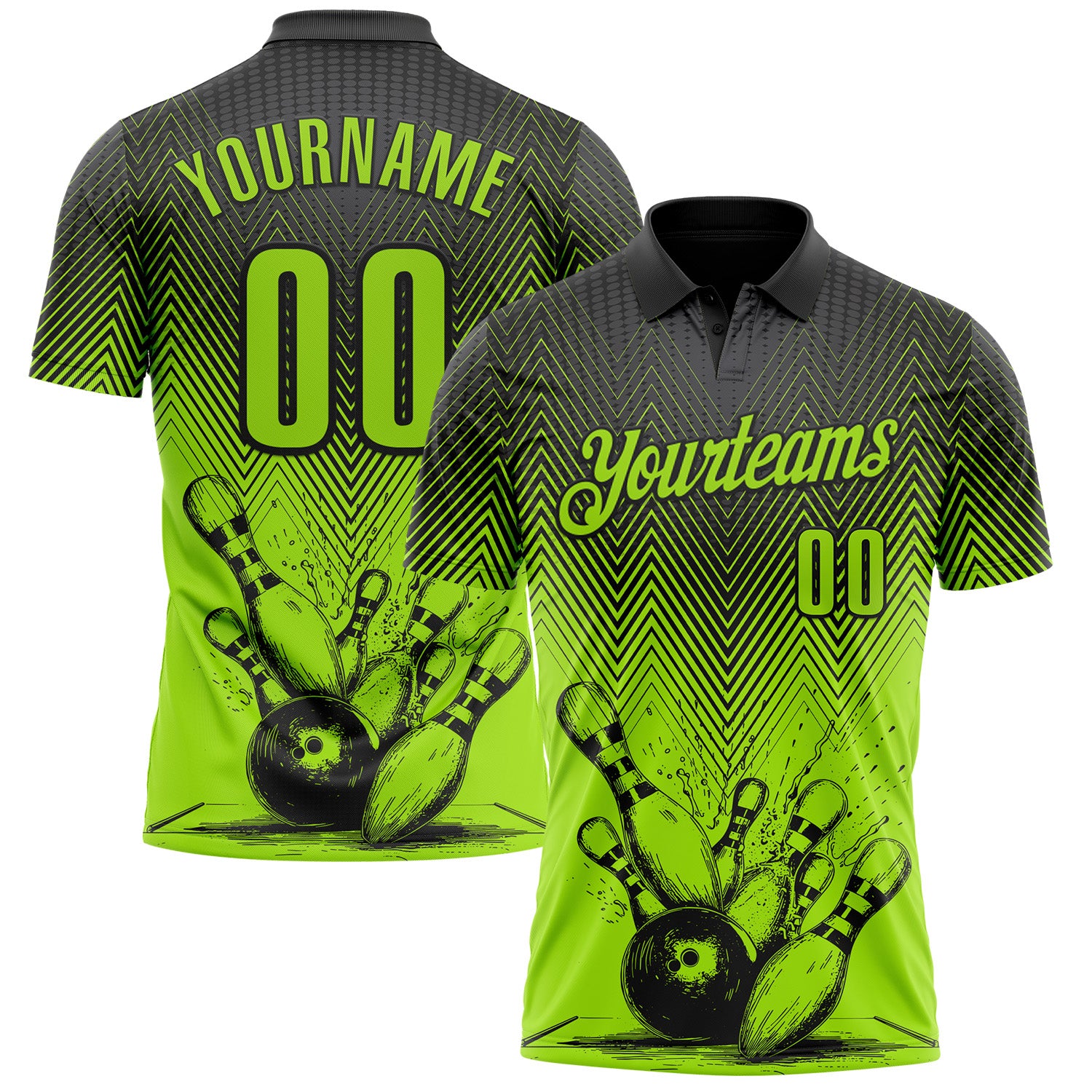 FansIdea Custom Neon Green-Black Bowling Ball And Pins Strike Performance Polo Shirt - $19.99 at Proof Eyewear