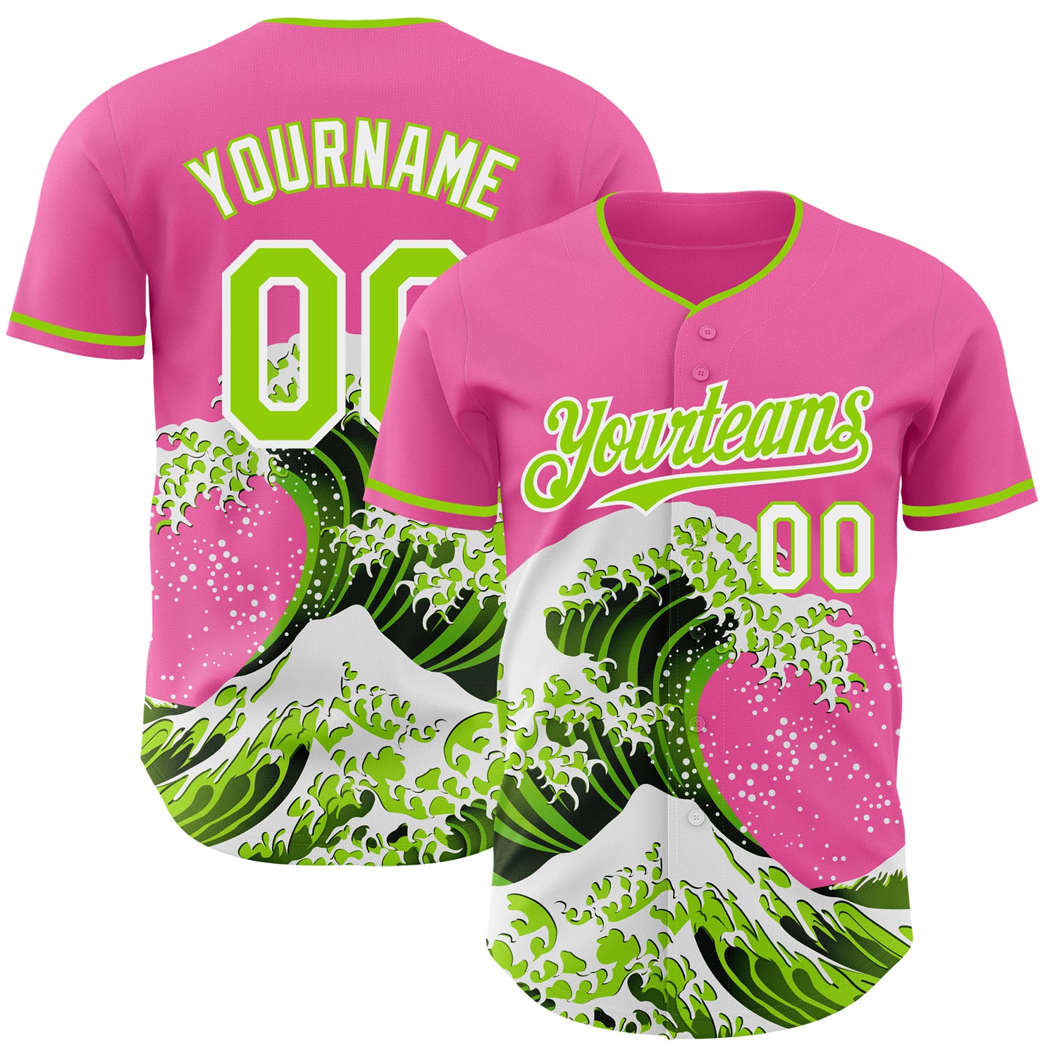 FansIdea Custom Pink Neon Green-White Japanese Wave Authentic Baseball Jersey - $29.99 at Proof Eyewear