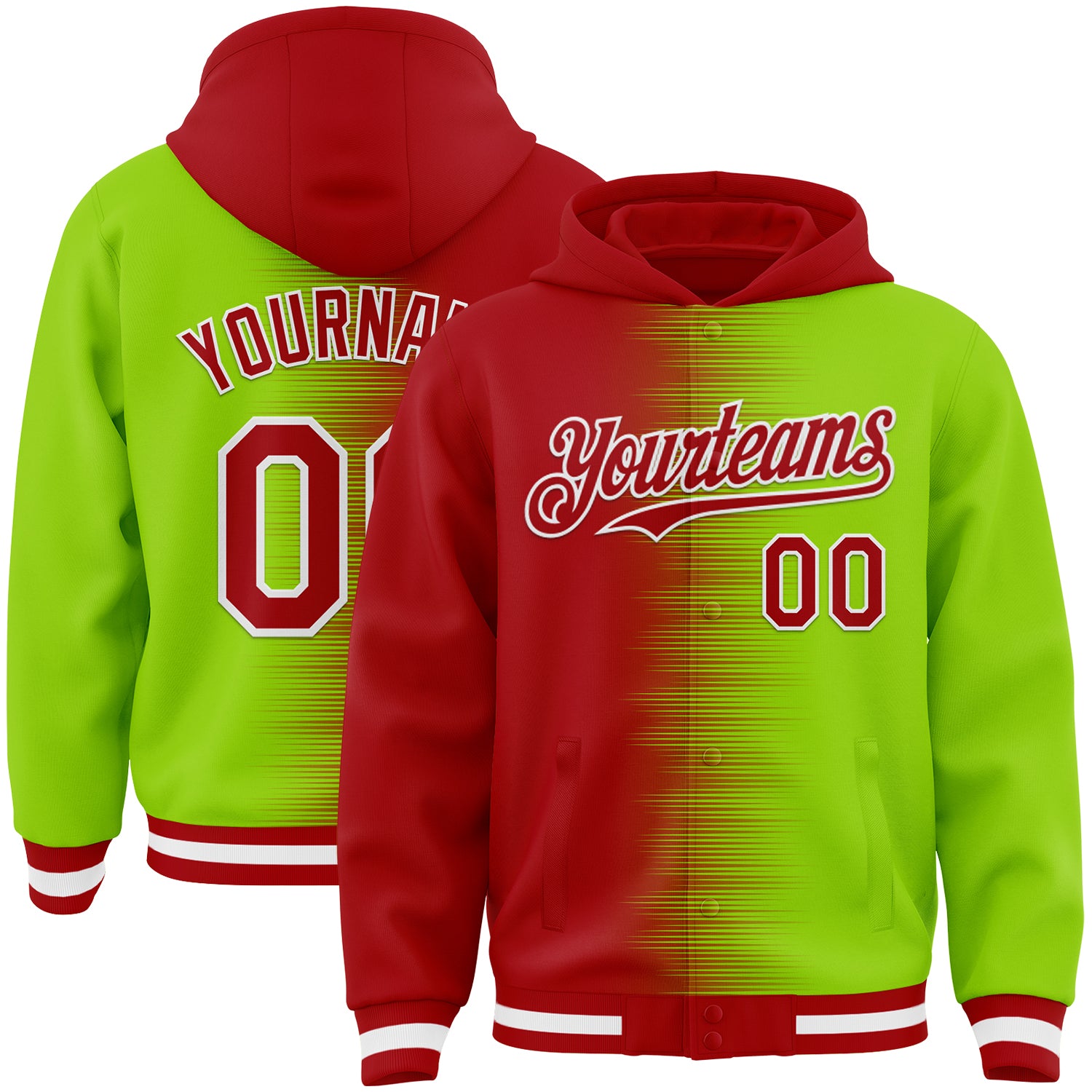 FansIdea Custom Red Neon Green-White Gradient Line Bomber Full-Snap Varsity Letterman Hoodie Jacket - $38.99 at Proof Eyewear