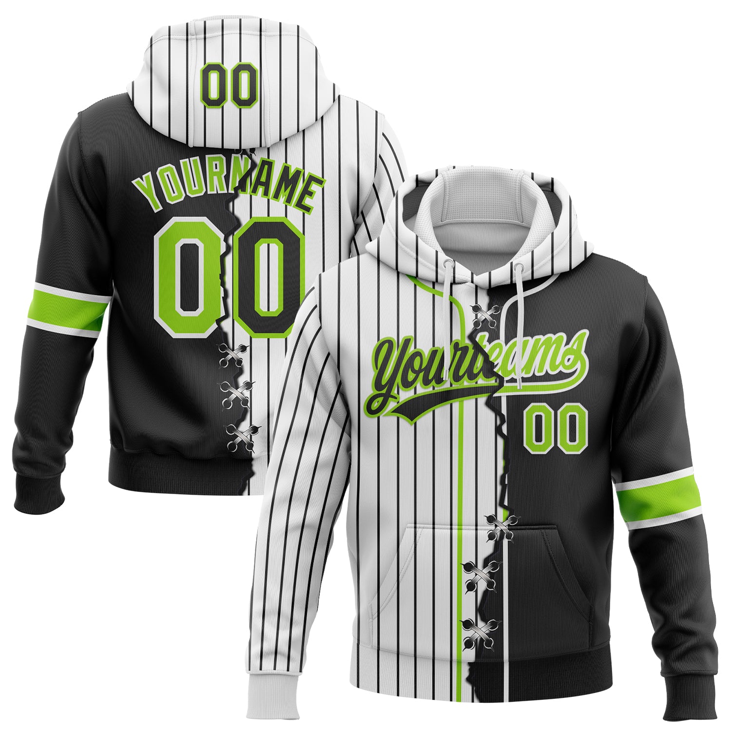 FansIdea Custom White Black Pinstripe-Neon Green Split Ripped Pattern Baseball Pullover Sweatshirt Hoodie - $32.99 at Proof Eyewear