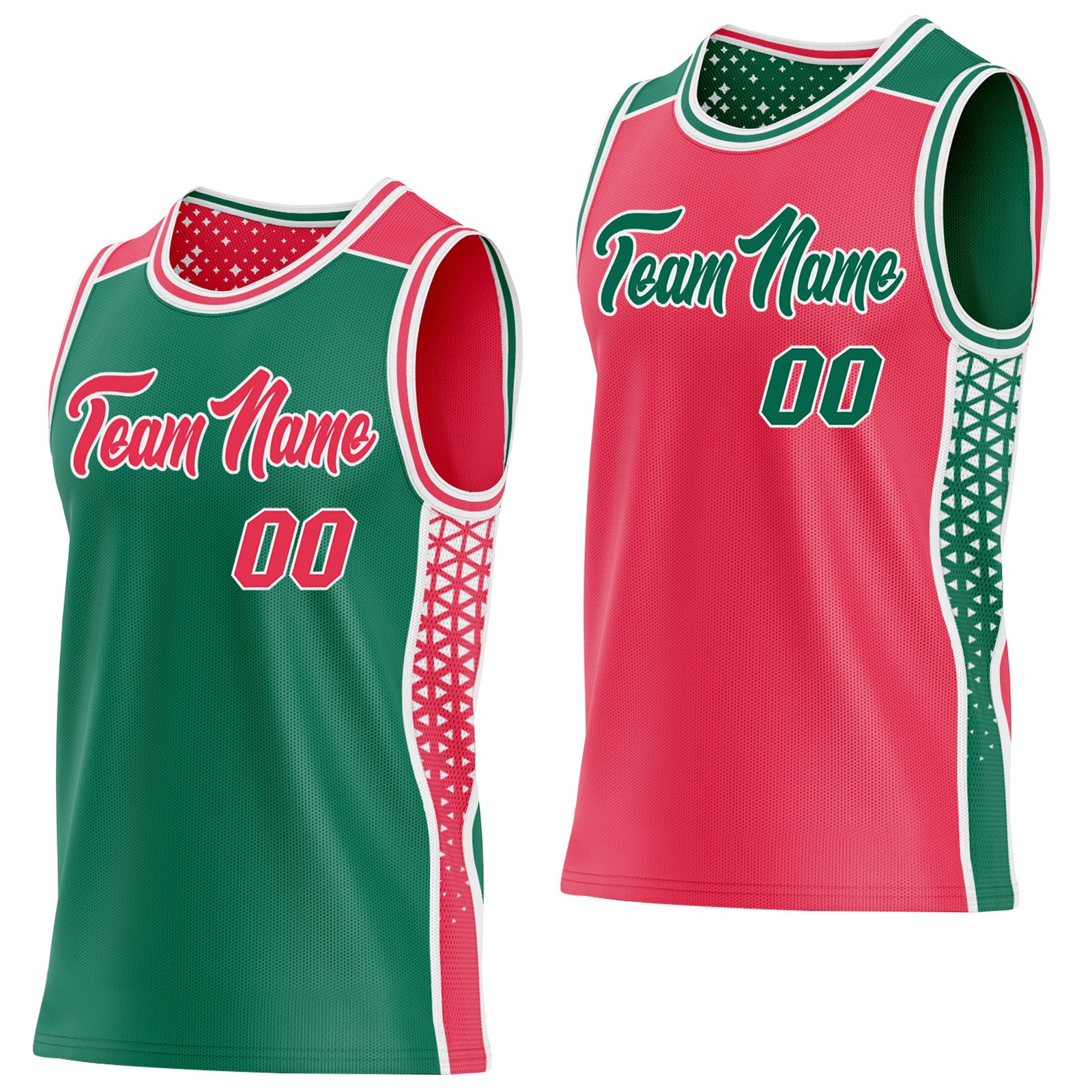 FansIdea Custom Kelly Green Neon Pink-White Side Panel Stripe Geometric Triangle Gradient Dot Reversible Double Side Sublimation Basketball Set Jersey - $17.99 at Proof Eyewear