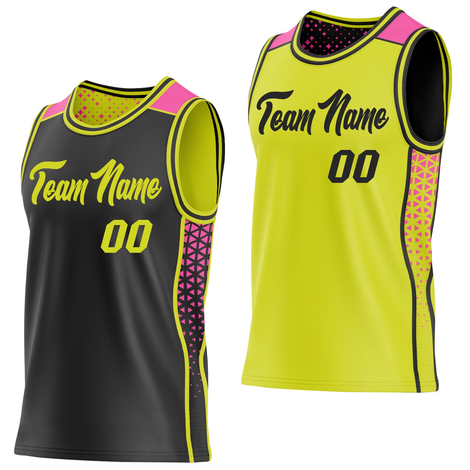 FansIdea Custom Black Neon Yellow-Pink Side Panel Stripe Geometric Triangle Gradient Dot Reversible Double Side Sublimation Basketball Set Jersey - $17.99 at Proof Eyewear