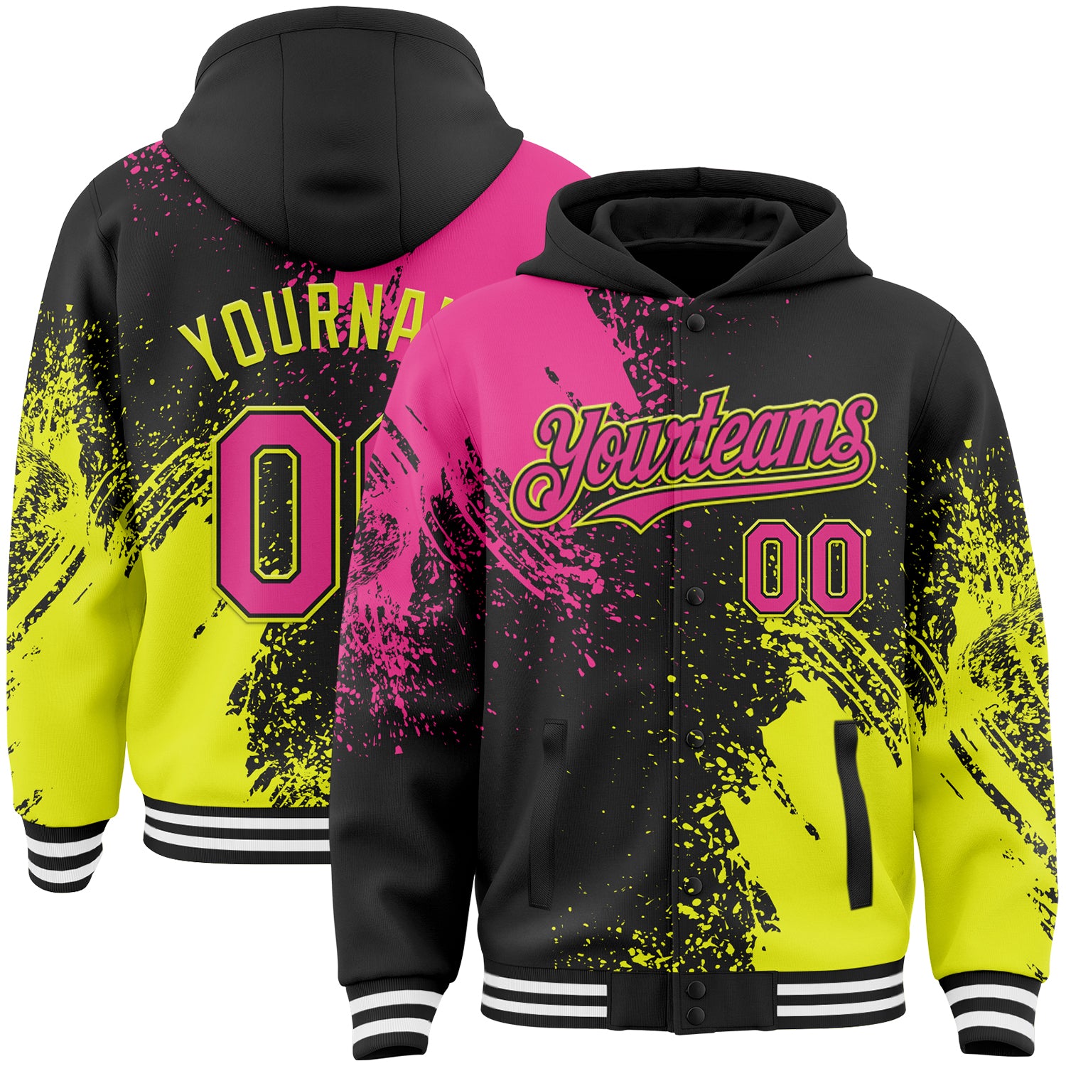 FansIdea Custom Black Pink Neon Yellow-White Abstract Brush Stroke 3D Pattern Design Bomber Full-Snap Varsity Letterman Hoodie Jacket - $38.99 at Proof Eyewear