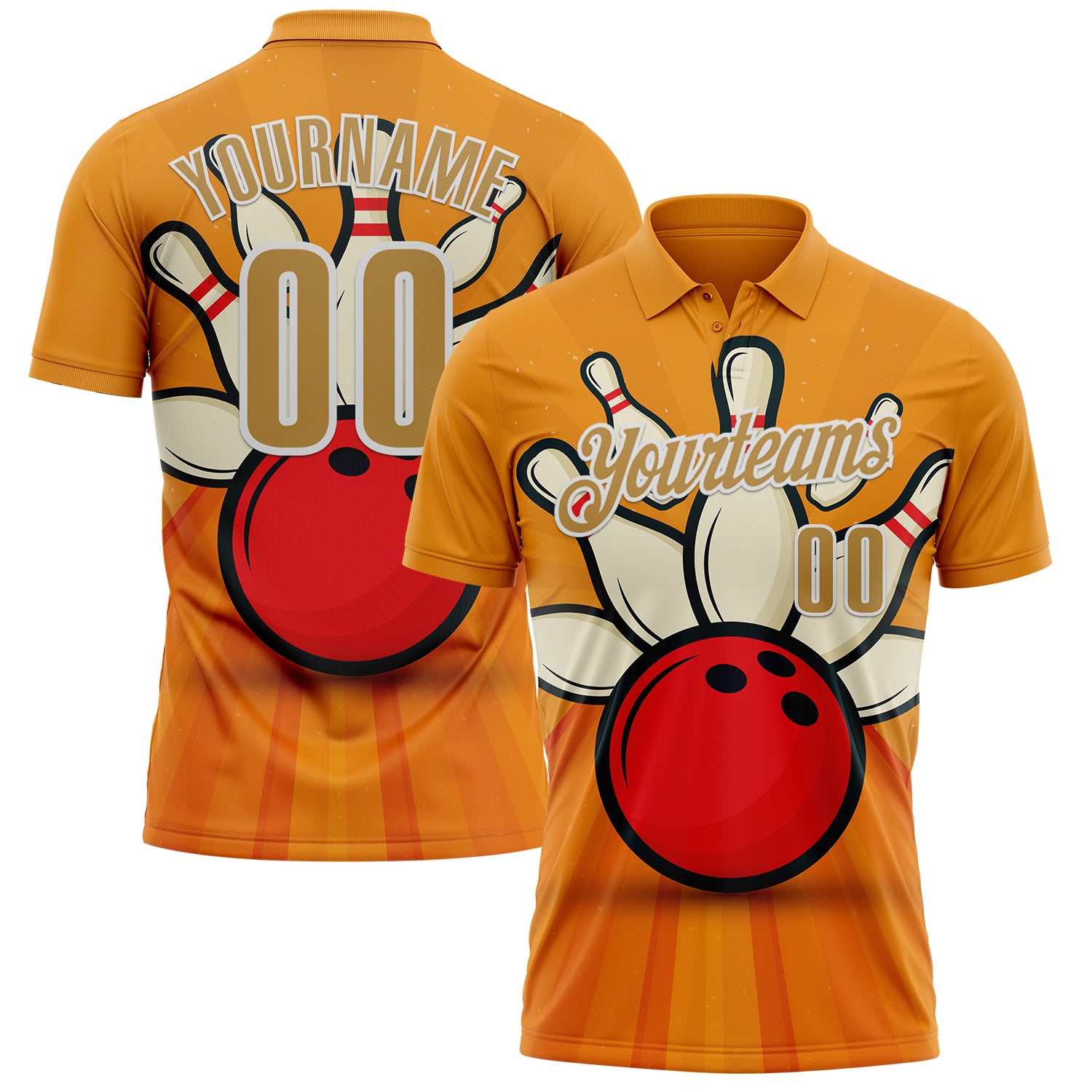 FansIdea Custom Bay Orange Old Gold-White Bowling Ball And Pins Strike Performance Polo Shirt - $19.99 at Proof Eyewear