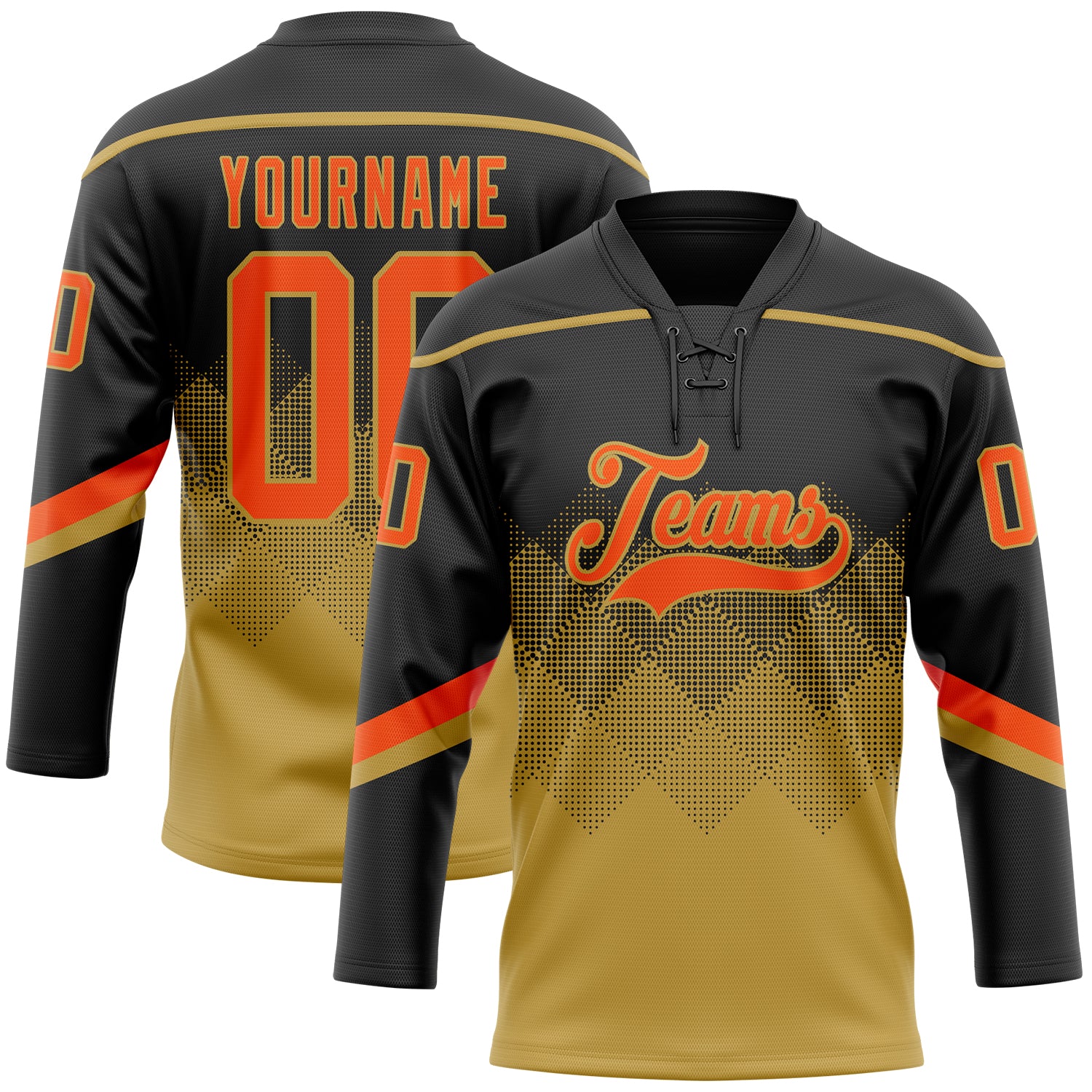 FansIdea Custom Black Orange-Old Gold 3D Pattern Gradient Square Shapes Hockey Lace Neck Jersey - $29.99 at Proof Eyewear