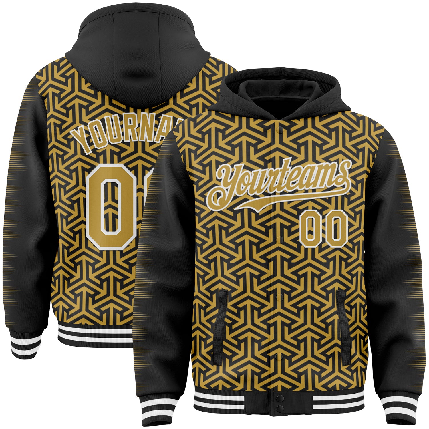 FansIdea Custom Black Old Gold-White Geometric Arrow Bomber Full-Snap Varsity Letterman Hoodie Jacket - $38.99 at Proof Eyewear