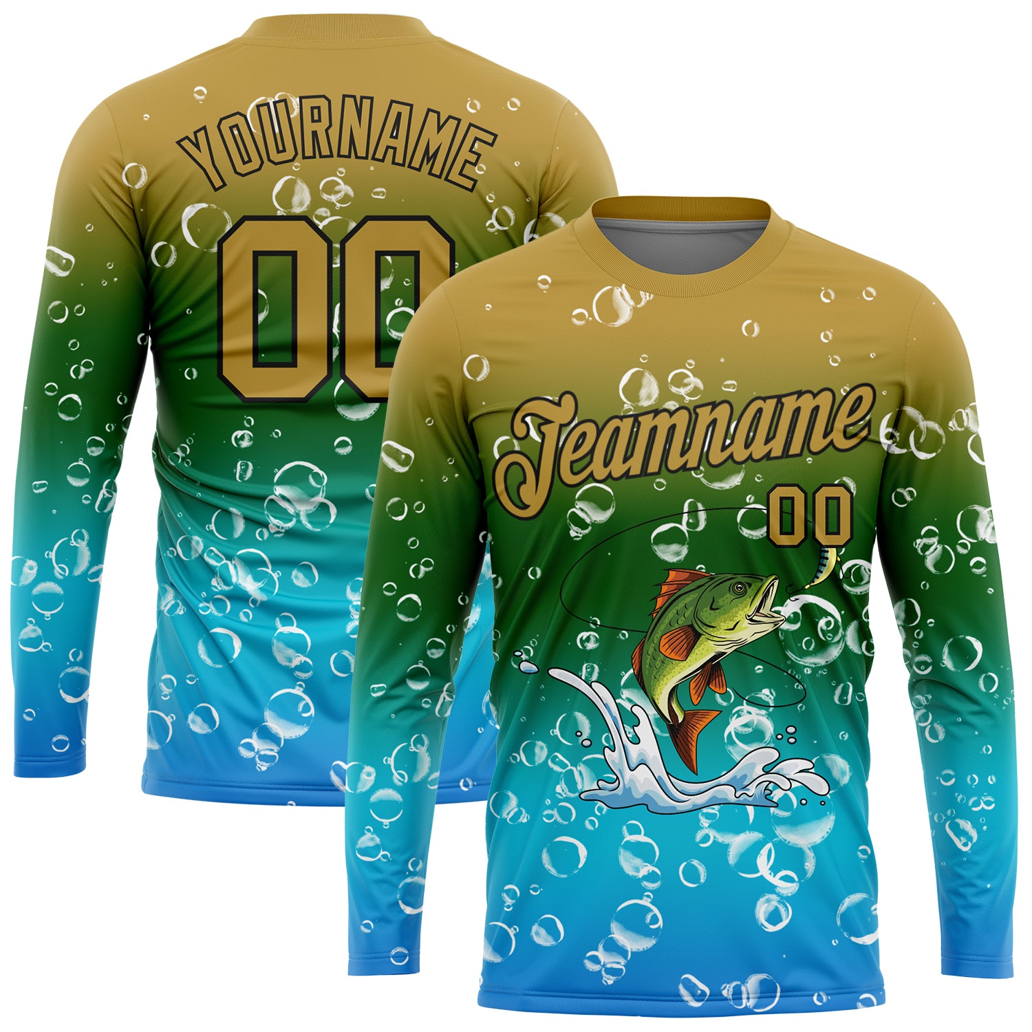 FansIdea Custom Old Gold Green Lakes Blue-Black Fishing Bass Fish Long Sleeve Performance T-Shirt - $16.99 at Proof Eyewear