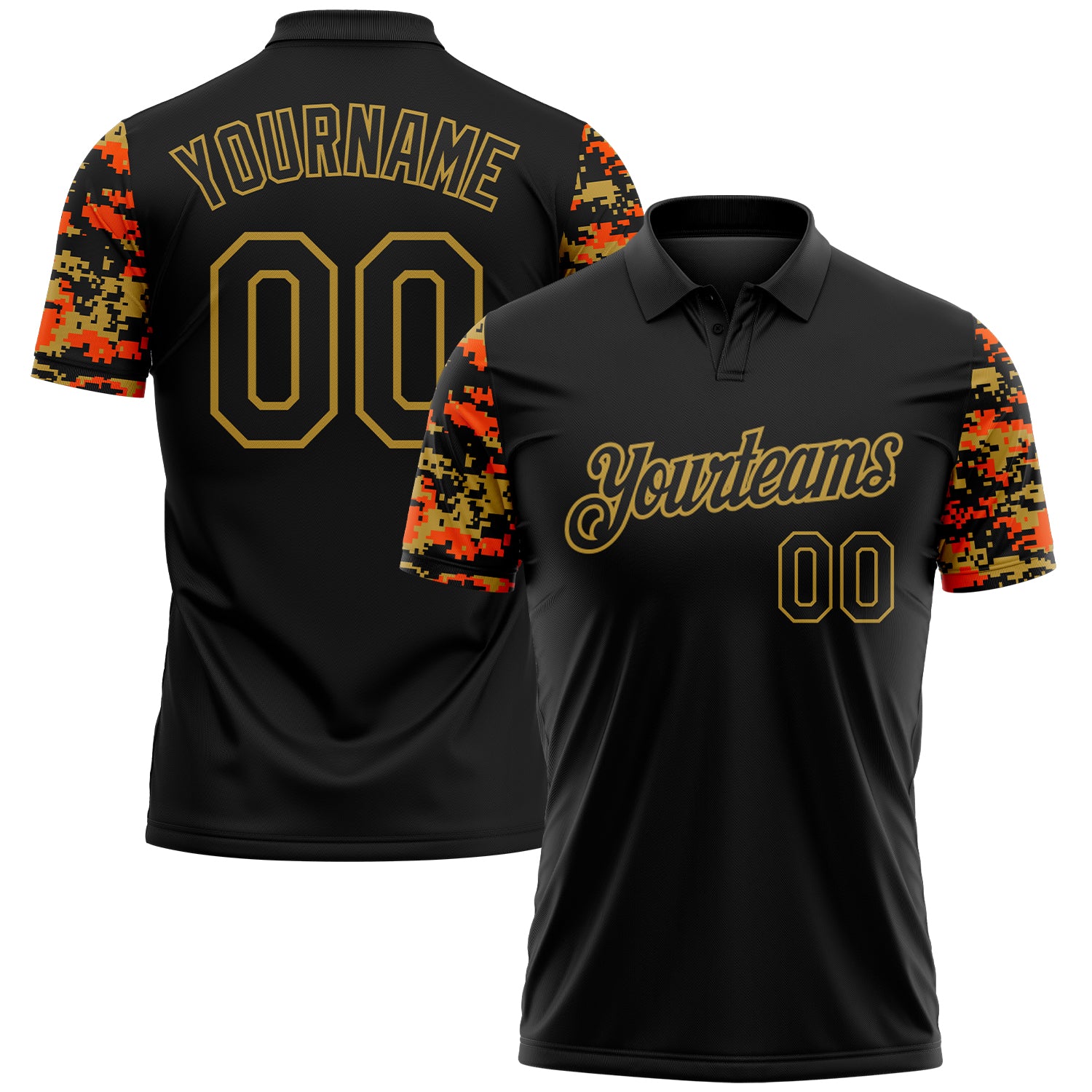 FansIdea Custom Black Orange-Old Gold Digital Camo Two Tone Performance Polo Shirt - $19.99 at Proof Eyewear